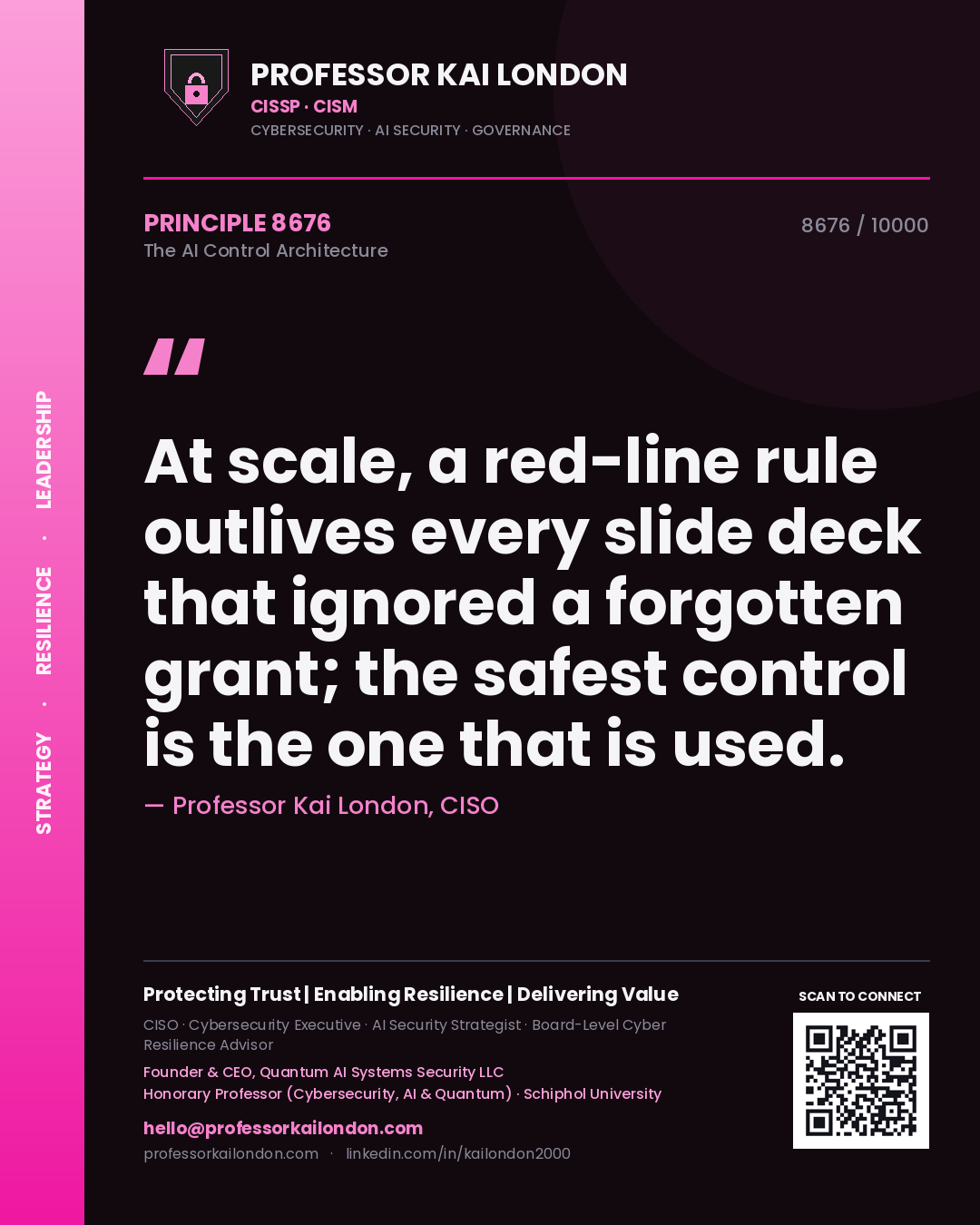 Quote card by Professor Kai London reading 'At scale, a red-line rule outlives every slide deck that ignored a forgotten grant; the safest control is the one that is used.'. From the book The AI Control Architecture.