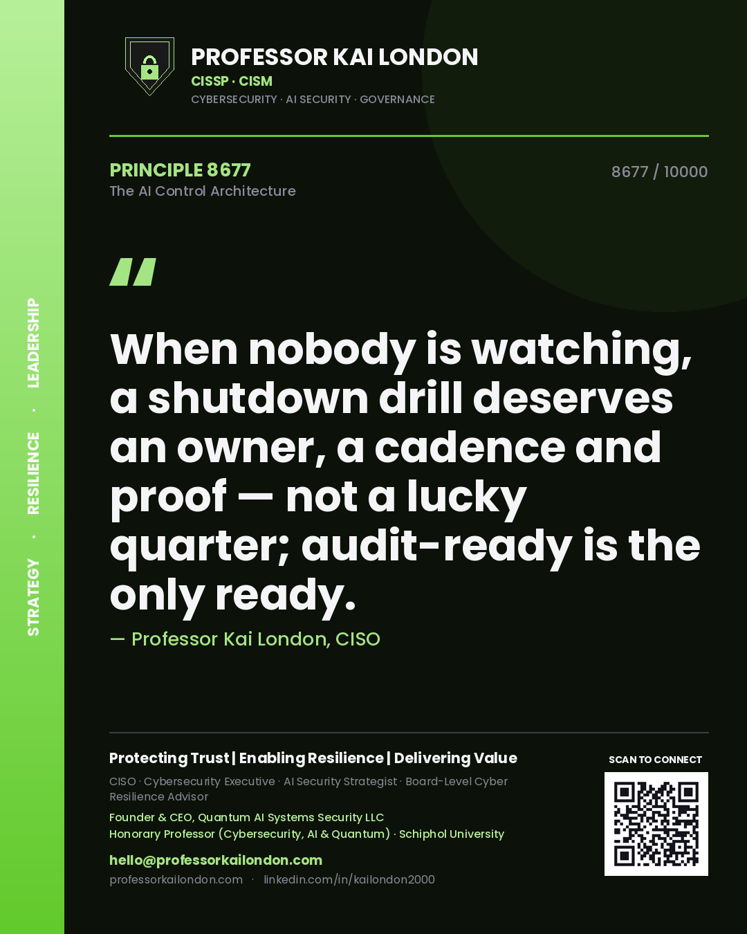Quote card by Professor Kai London reading 'When nobody is watching, a shutdown drill deserves an owner, a cadence and proof — not a lucky quarter; audit-ready is the only ready.'. From the book The AI Control Architecture.