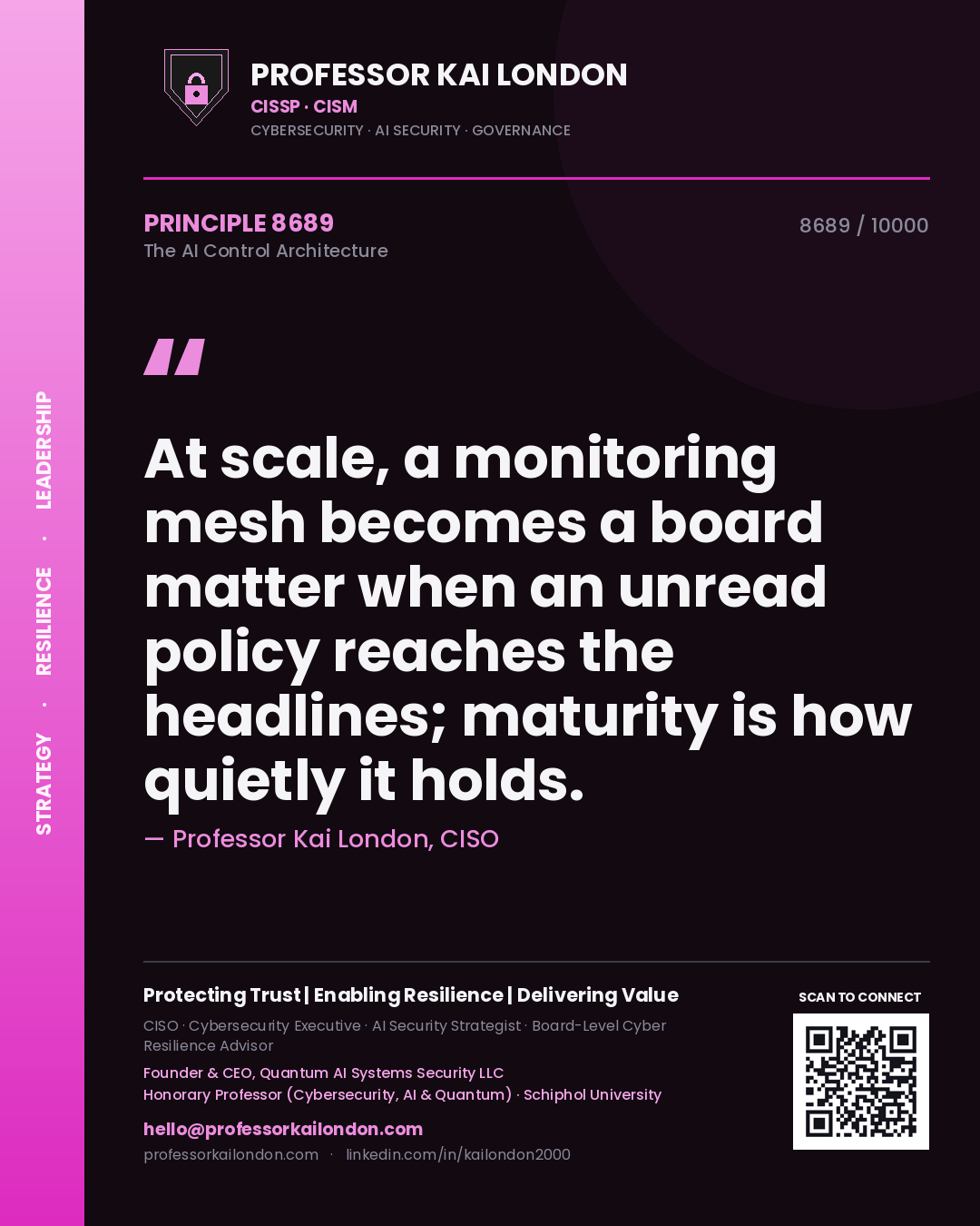 Quote card by Professor Kai London reading 'At scale, a monitoring mesh becomes a board matter when an unread policy reaches the headlines; maturity is how quietly it holds.'. From the book The AI Control Architecture.