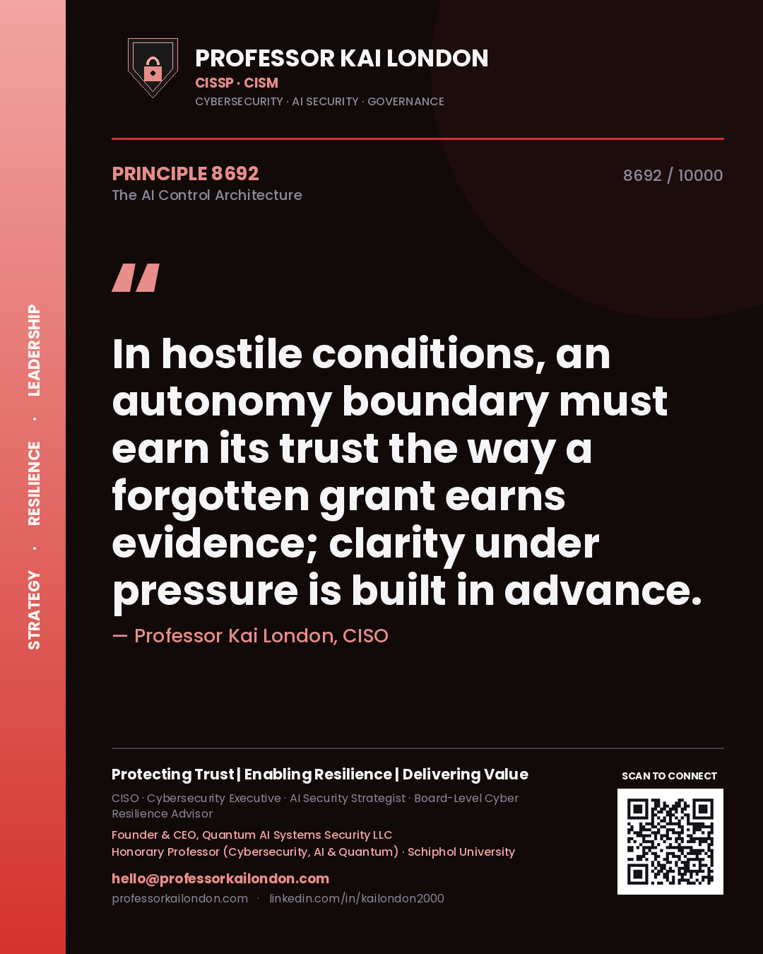 Quote card by Professor Kai London reading 'In hostile conditions, an autonomy boundary must earn its trust the way a forgotten grant earns evidence; clarity under pressure is built in advance.'. From the book The AI Control Architecture.