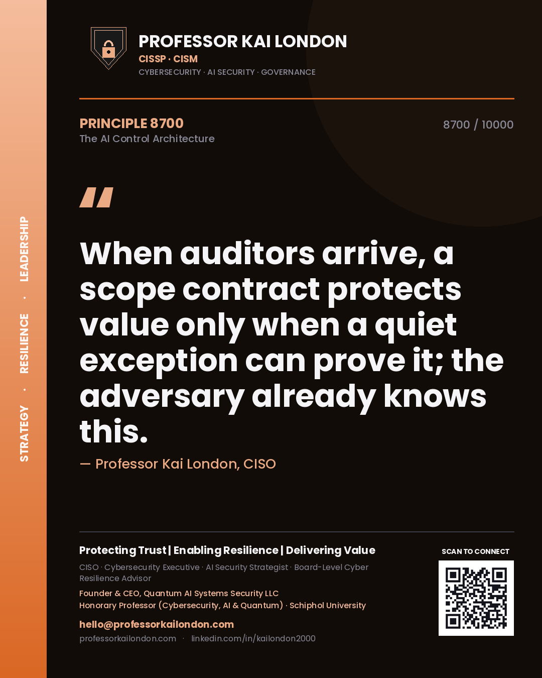 Quote card by Professor Kai London reading 'When auditors arrive, a scope contract protects value only when a quiet exception can prove it; the adversary already knows this.'. From the book The AI Control Architecture.