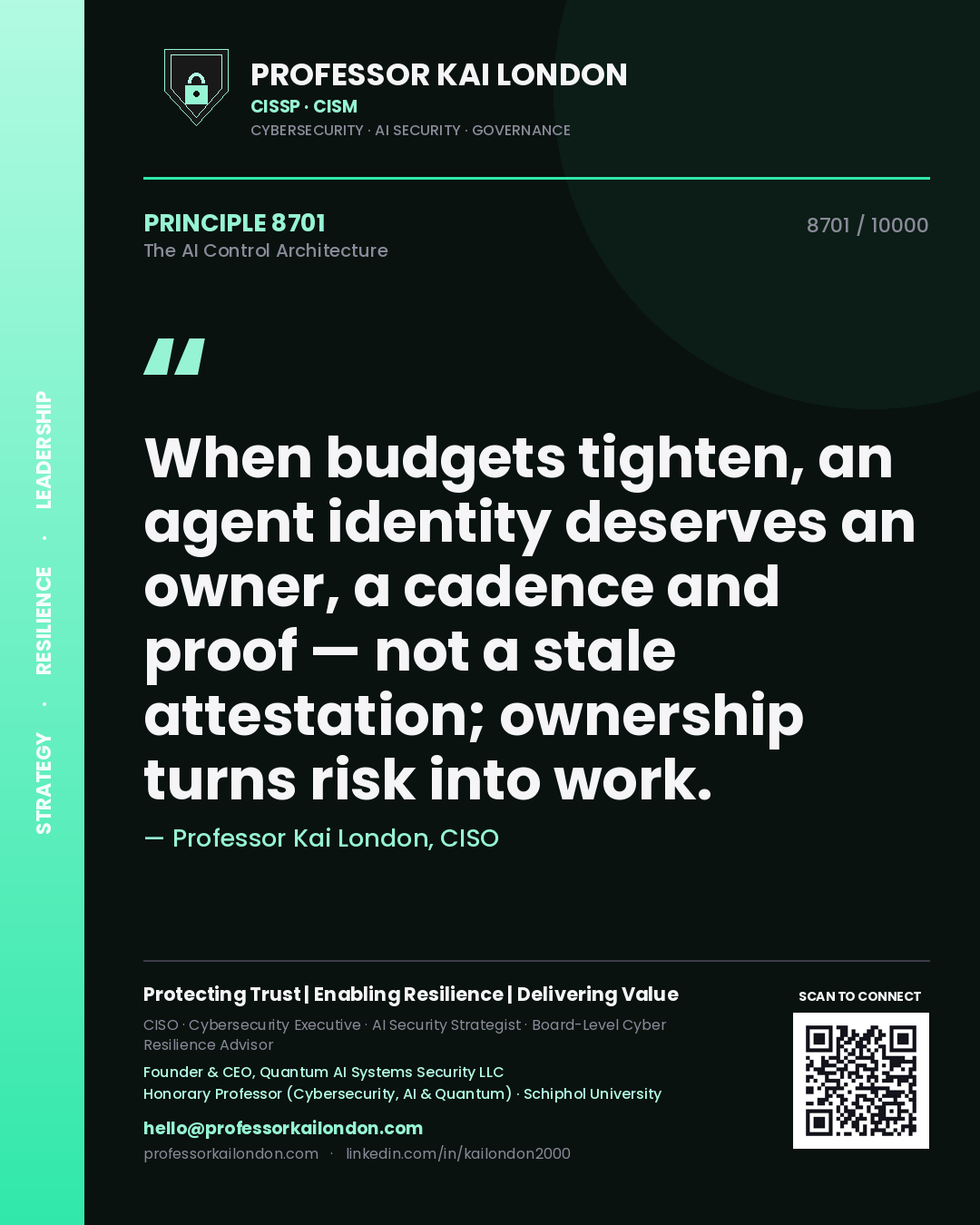 Quote card by Professor Kai London reading 'When budgets tighten, an agent identity deserves an owner, a cadence and proof — not a stale attestation; ownership turns risk into work.'. From the book The AI Control Architecture.