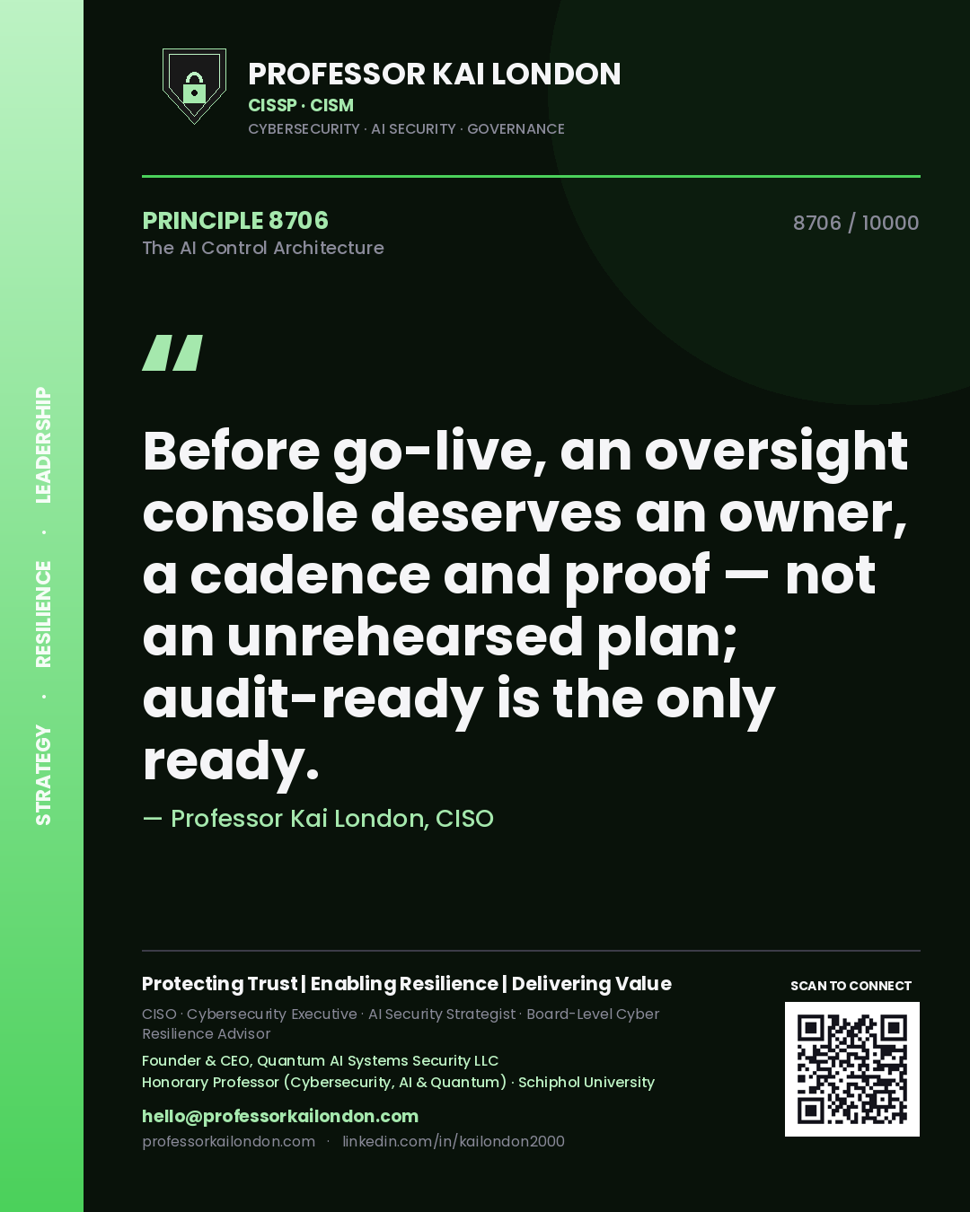 Professor Kai London principle 8706: Before go-live, an oversight console deserves an owner, a cadence and proof — not an unrehearsed plan; audit-ready is the only ready.