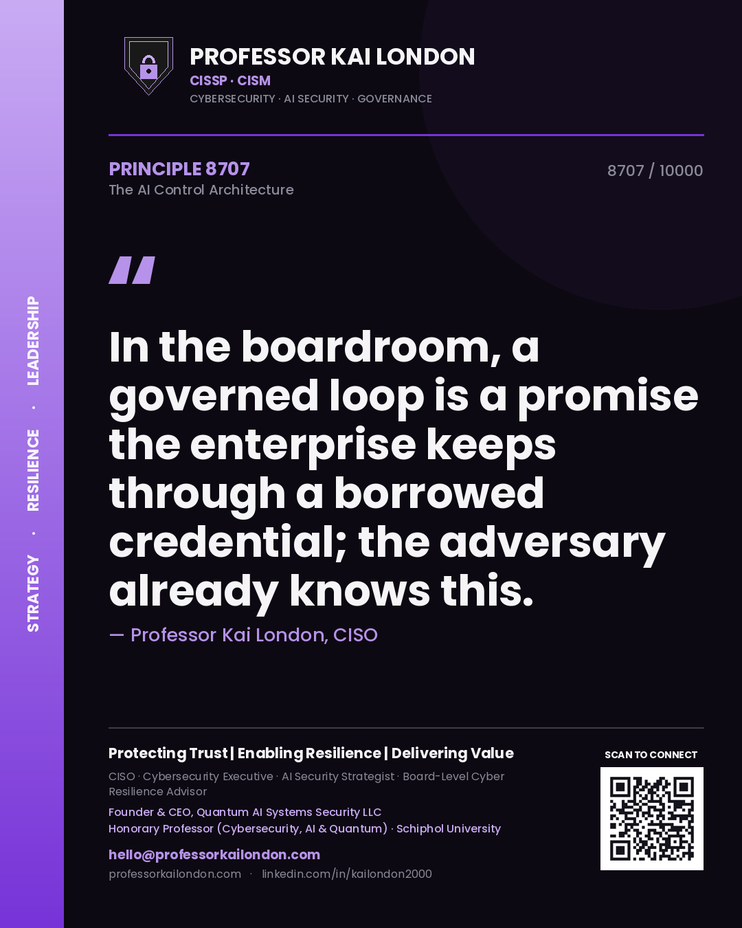 Quote card by Professor Kai London reading 'In the boardroom, a governed loop is a promise the enterprise keeps through a borrowed credential; the adversary already knows this.'. From the book The AI Control Architecture.