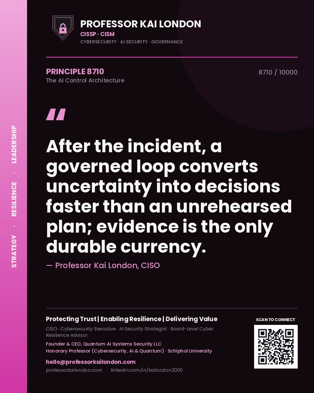 Quote card by Professor Kai London reading 'After the incident, a governed loop converts uncertainty into decisions faster than an unrehearsed plan; evidence is the only durable currency.'. From the book The AI Control Architecture.