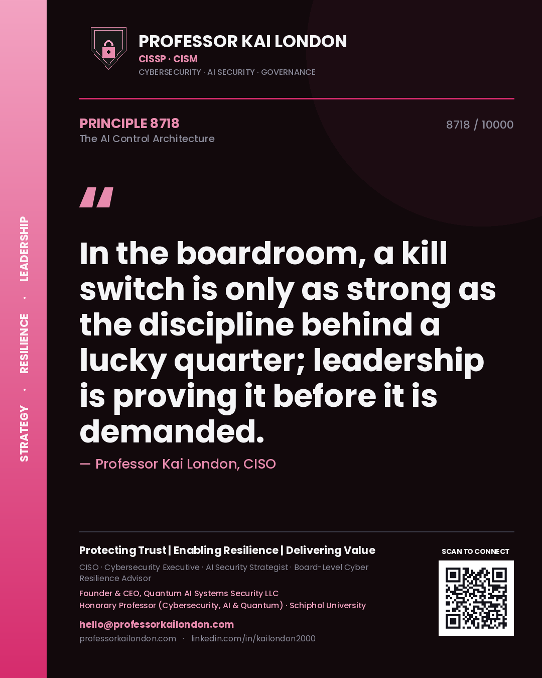 Quote card by Professor Kai London reading 'In the boardroom, a kill switch is only as strong as the discipline behind a lucky quarter; leadership is proving it before it is demanded.'. From the book The AI Control Architecture.