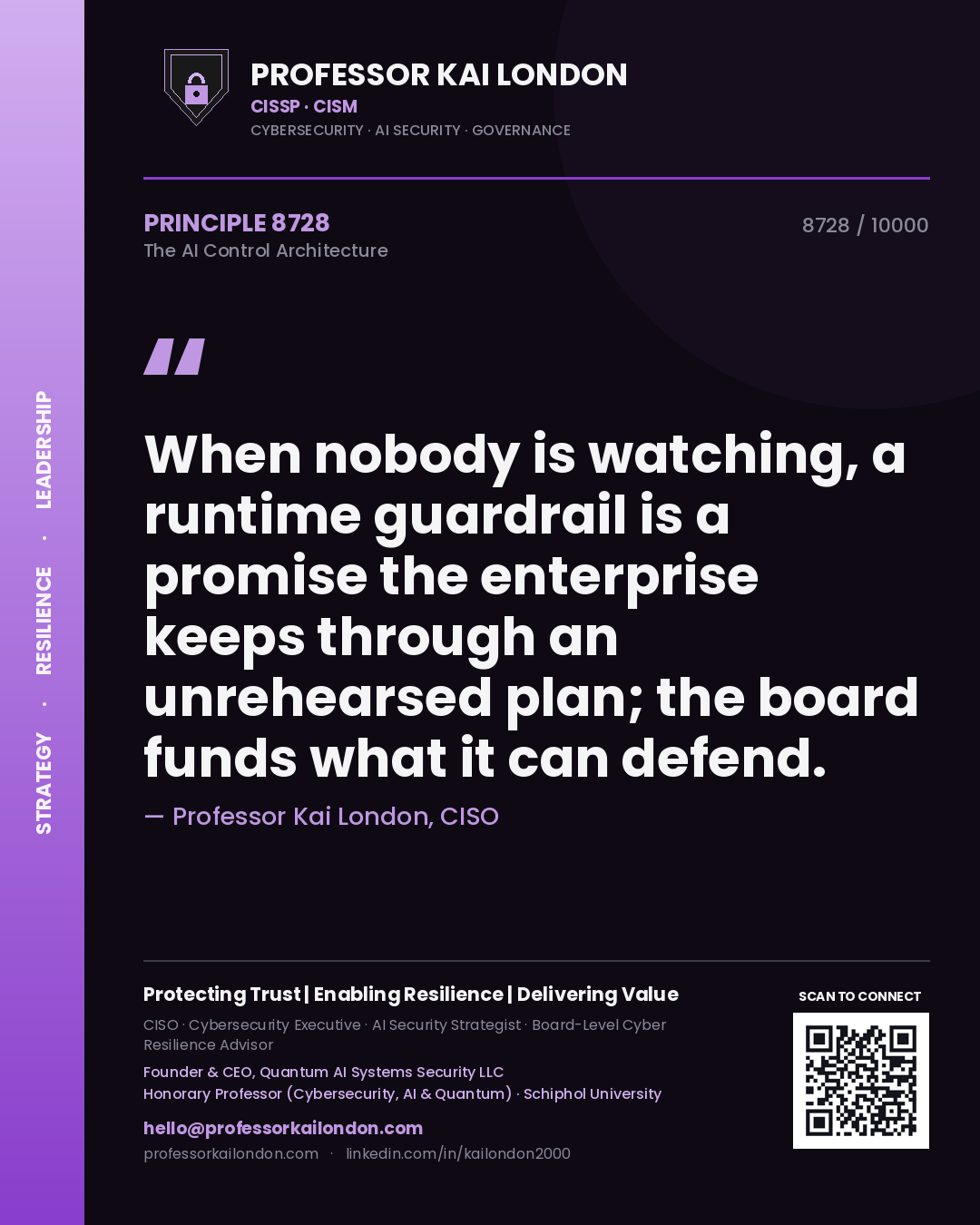 Quote card by Professor Kai London reading 'When nobody is watching, a runtime guardrail is a promise the enterprise keeps through an unrehearsed plan; the board funds what it can defend.'. From the book The AI Control Architecture.