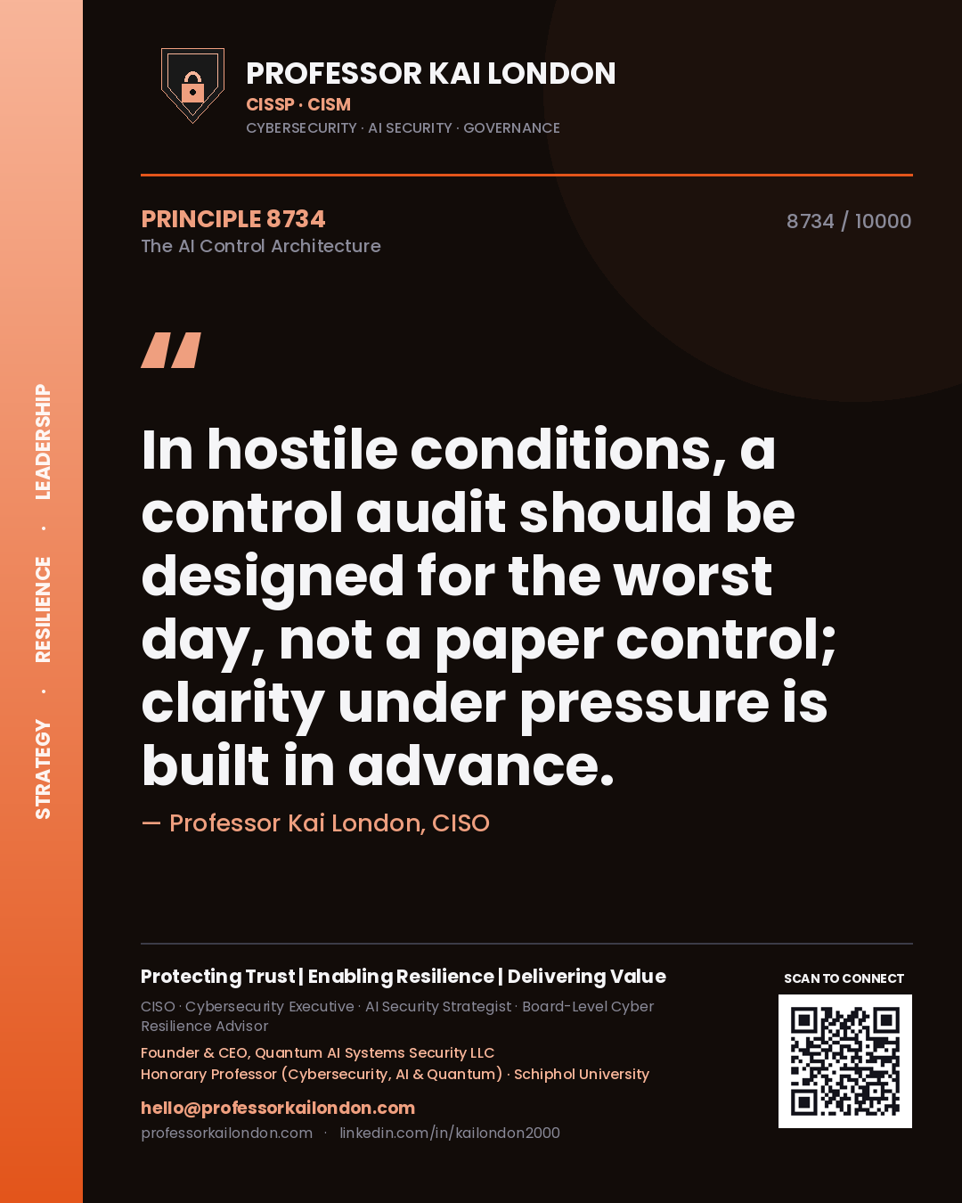 Quote card by Professor Kai London reading 'In hostile conditions, a control audit should be designed for the worst day, not a paper control; clarity under pressure is built in advance.'. From the book The AI Control Architecture.