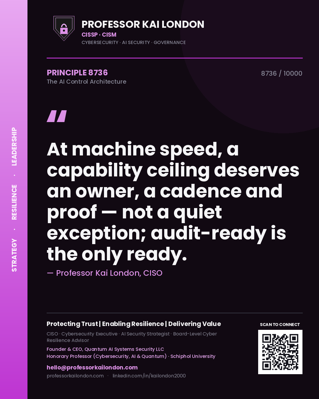Quote card by Professor Kai London reading 'At machine speed, a capability ceiling deserves an owner, a cadence and proof — not a quiet exception; audit-ready is the only ready.'. From the book The AI Control Architecture.