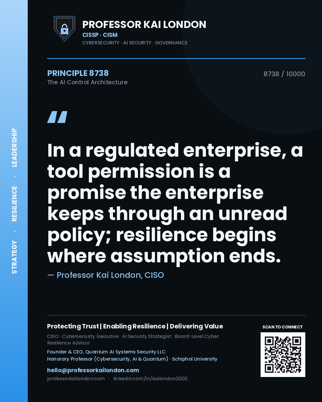 Quote card by Professor Kai London reading 'In a regulated enterprise, a tool permission is a promise the enterprise keeps through an unread policy; resilience begins where assumption ends.'. From the book The AI Control Architecture.