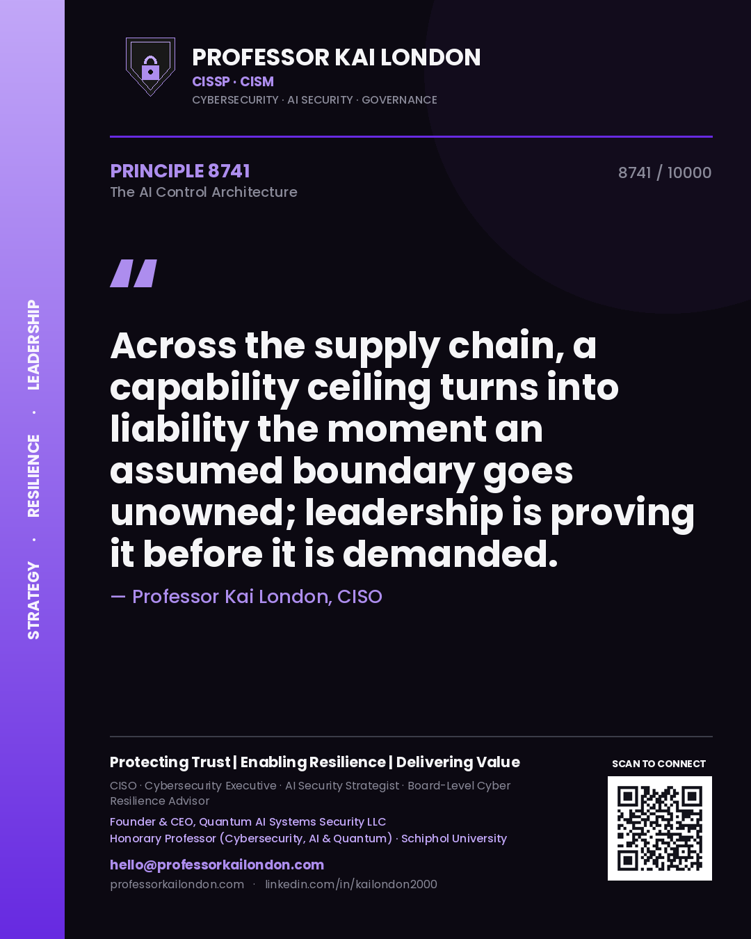 Quote card by Professor Kai London reading 'Across the supply chain, a capability ceiling turns into liability the moment an assumed boundary goes unowned; leadership is proving it before it is demanded.'. From the book The AI Control Architecture.