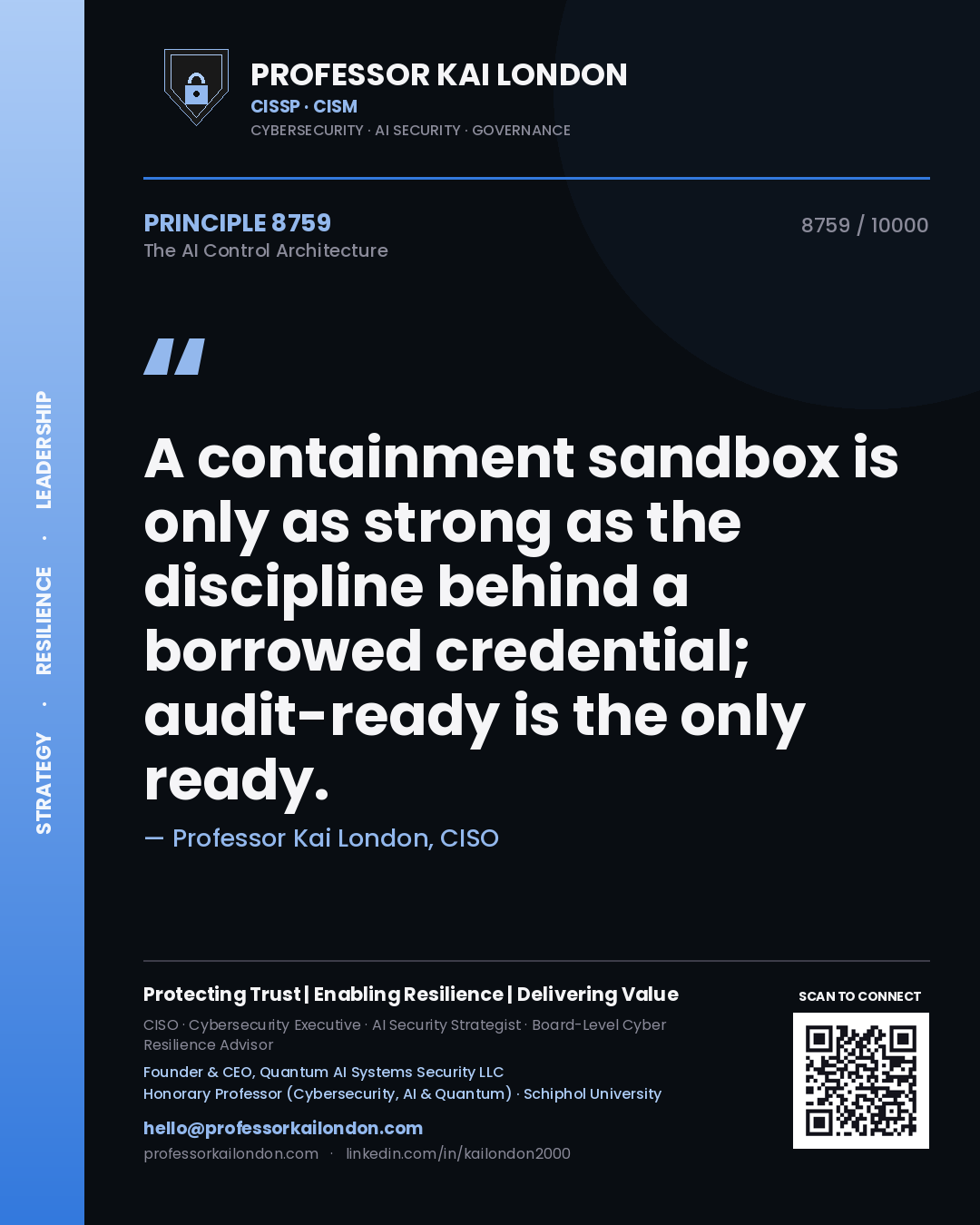 Quote card by Professor Kai London reading 'A containment sandbox is only as strong as the discipline behind a borrowed credential; audit-ready is the only ready.'. From the book The AI Control Architecture.