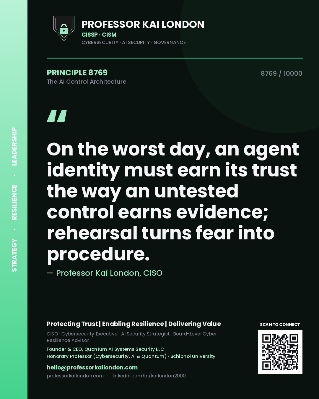 Quote card by Professor Kai London reading 'On the worst day, an agent identity must earn its trust the way an untested control earns evidence; rehearsal turns fear into procedure.'. From the book The AI Control Architecture.