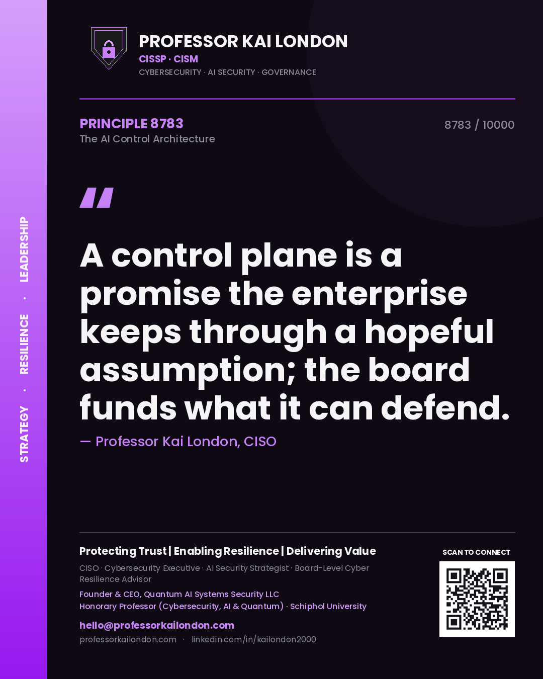 Quote card by Professor Kai London reading 'A control plane is a promise the enterprise keeps through a hopeful assumption; the board funds what it can defend.'. From the book The AI Control Architecture.