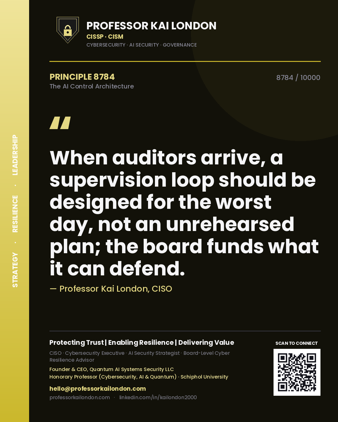 Quote card by Professor Kai London reading 'When auditors arrive, a supervision loop should be designed for the worst day, not an unrehearsed plan; the board funds what it can defend.'. From the book The AI Control Architecture.
