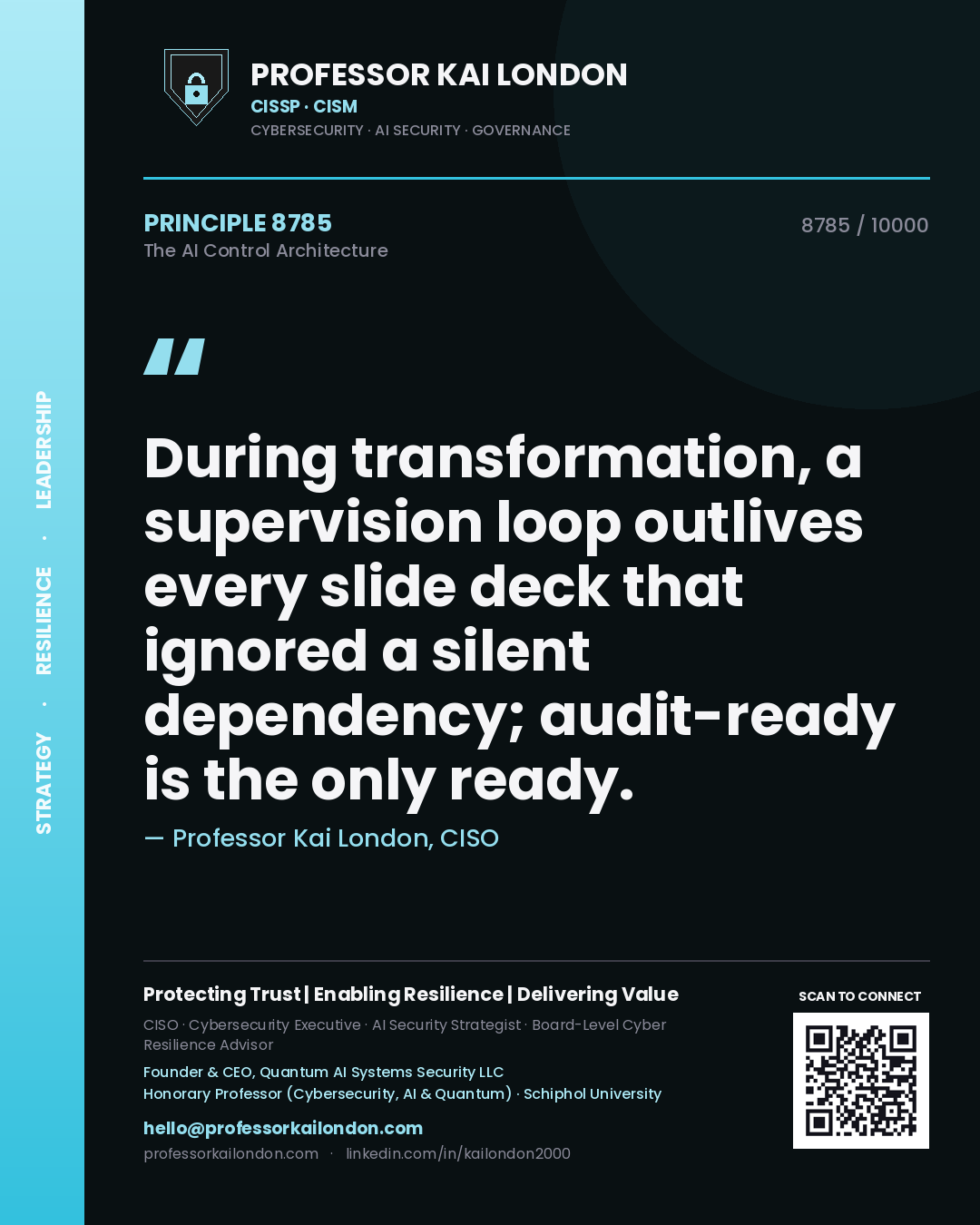 Quote card by Professor Kai London reading 'During transformation, a supervision loop outlives every slide deck that ignored a silent dependency; audit-ready is the only ready.'. From the book The AI Control Architecture.