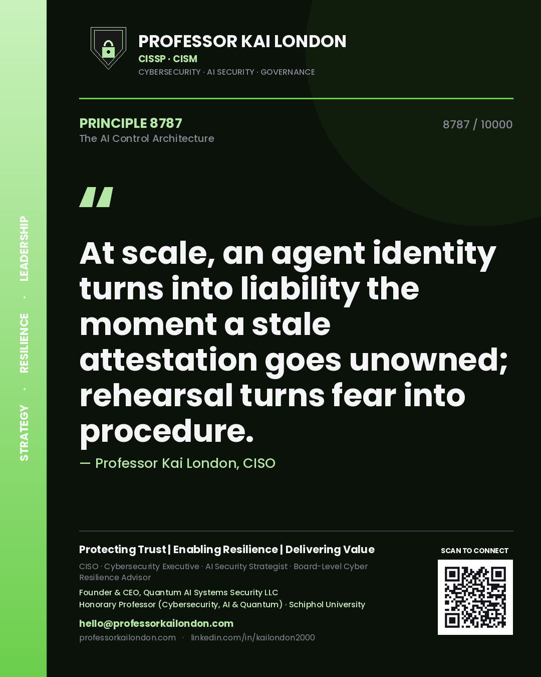 Quote card by Professor Kai London reading 'At scale, an agent identity turns into liability the moment a stale attestation goes unowned; rehearsal turns fear into procedure.'. From the book The AI Control Architecture.