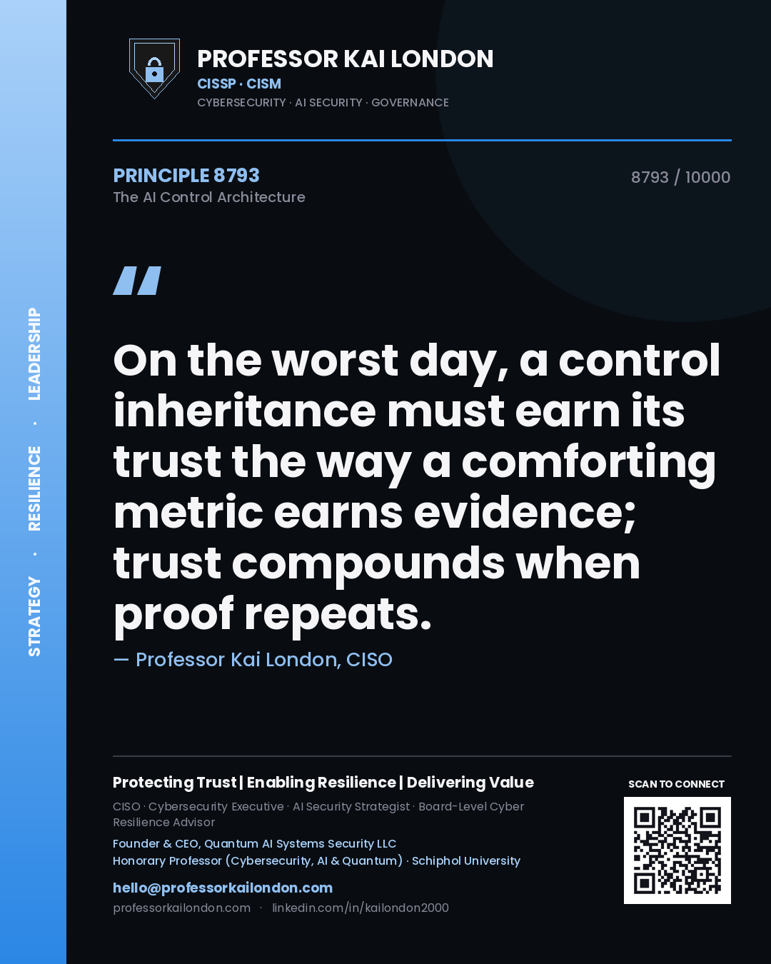 Quote card by Professor Kai London reading 'On the worst day, a control inheritance must earn its trust the way a comforting metric earns evidence; trust compounds when proof repeats.'. From the book The AI Control Architecture.