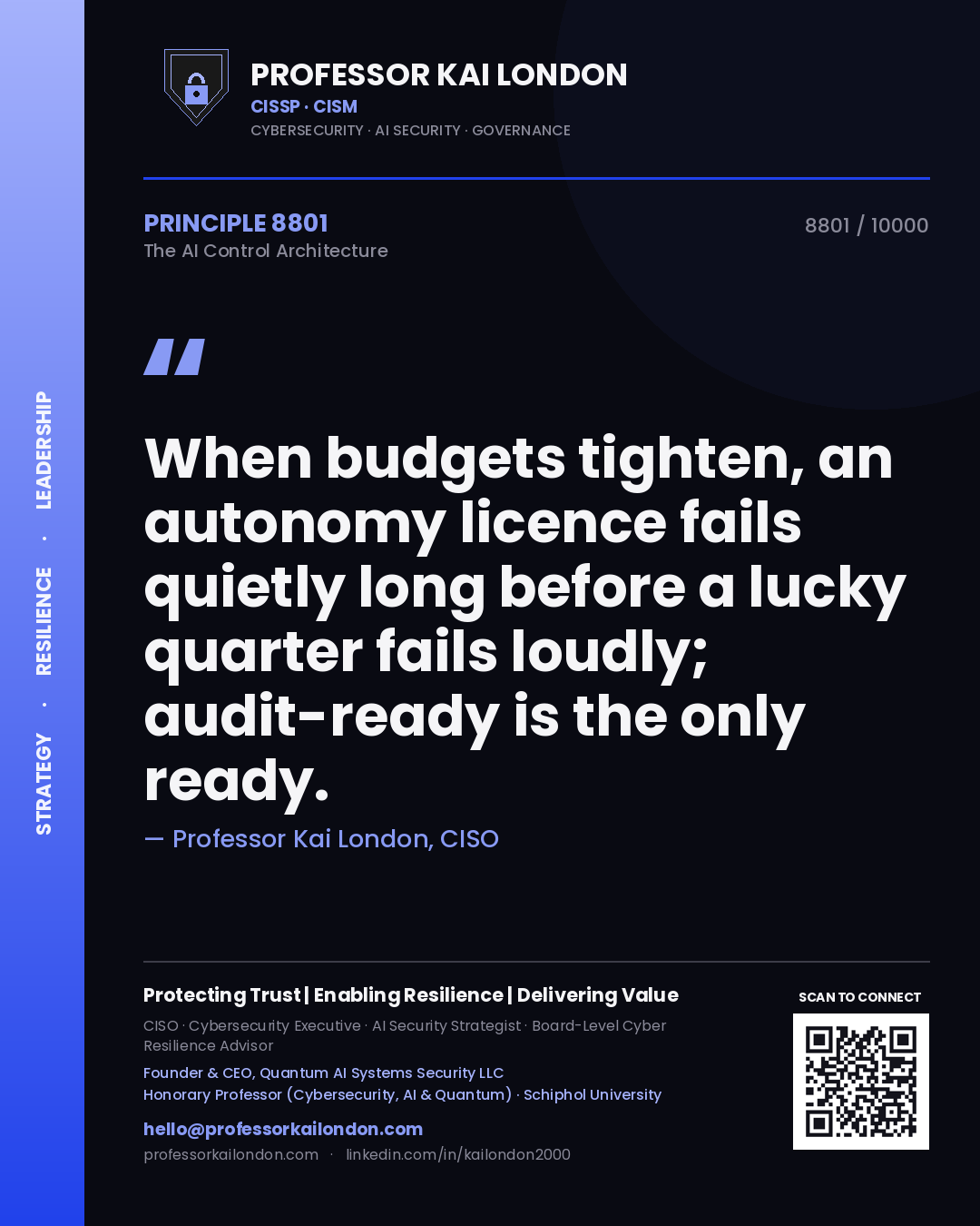 Quote card by Professor Kai London reading 'When budgets tighten, an autonomy licence fails quietly long before a lucky quarter fails loudly; audit-ready is the only ready.'. From the book The AI Control Architecture.