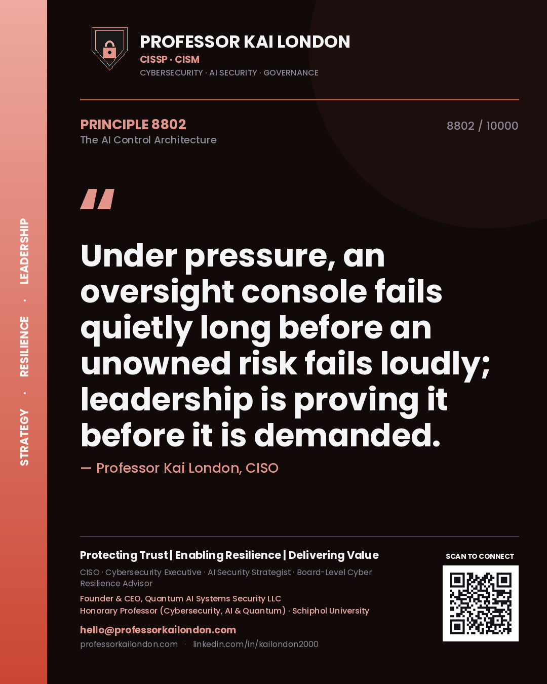 Quote card by Professor Kai London reading 'Under pressure, an oversight console fails quietly long before an unowned risk fails loudly; leadership is proving it before it is demanded.'. From the book The AI Control Architecture.