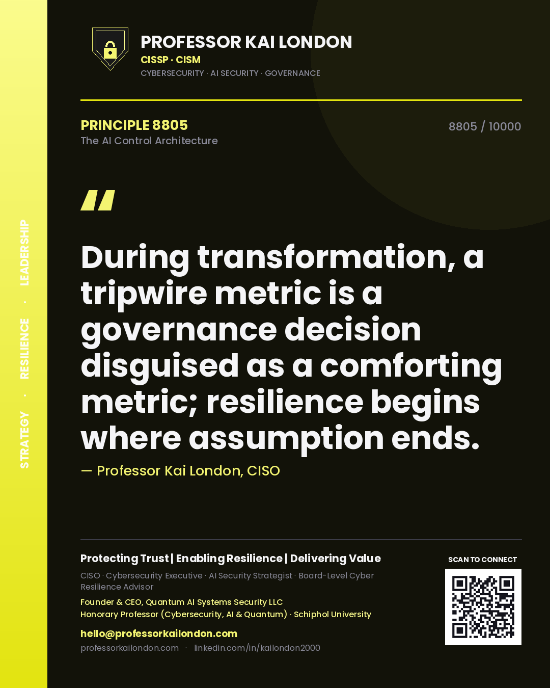 Quote card by Professor Kai London reading 'During transformation, a tripwire metric is a governance decision disguised as a comforting metric; resilience begins where assumption ends.'. From the book The AI Control Architecture.