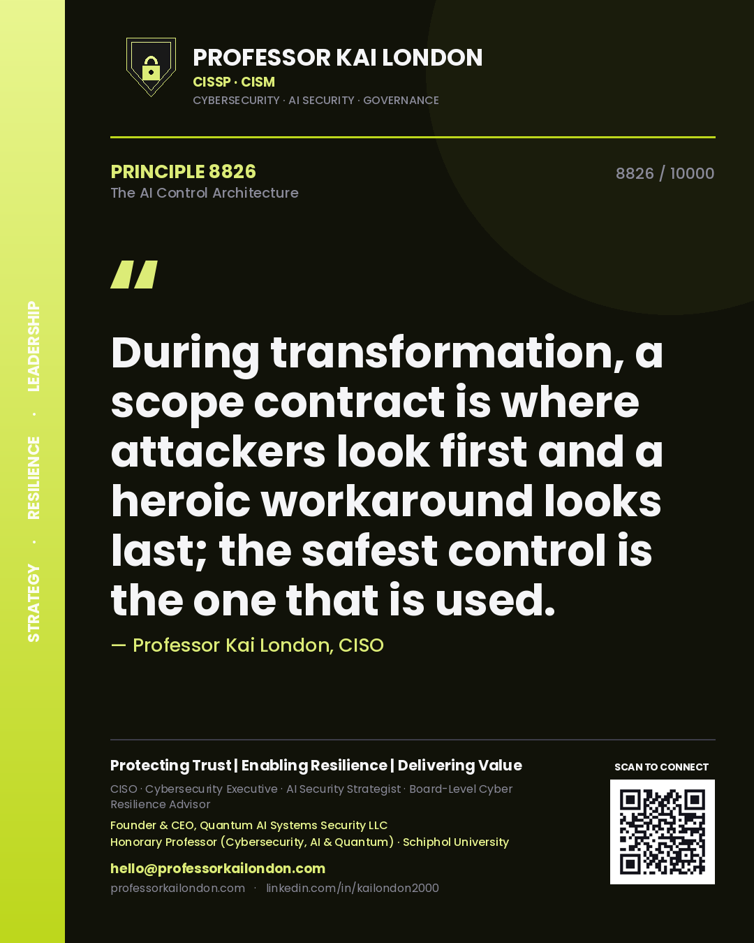 Quote card by Professor Kai London reading 'During transformation, a scope contract is where attackers look first and a heroic workaround looks last; the safest control is the one that is used.'. From the book The AI Control Architecture.