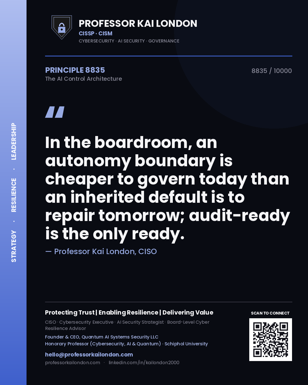 Quote card by Professor Kai London reading 'In the boardroom, an autonomy boundary is cheaper to govern today than an inherited default is to repair tomorrow; audit-ready is the only ready.'. From the book The AI Control Architecture.