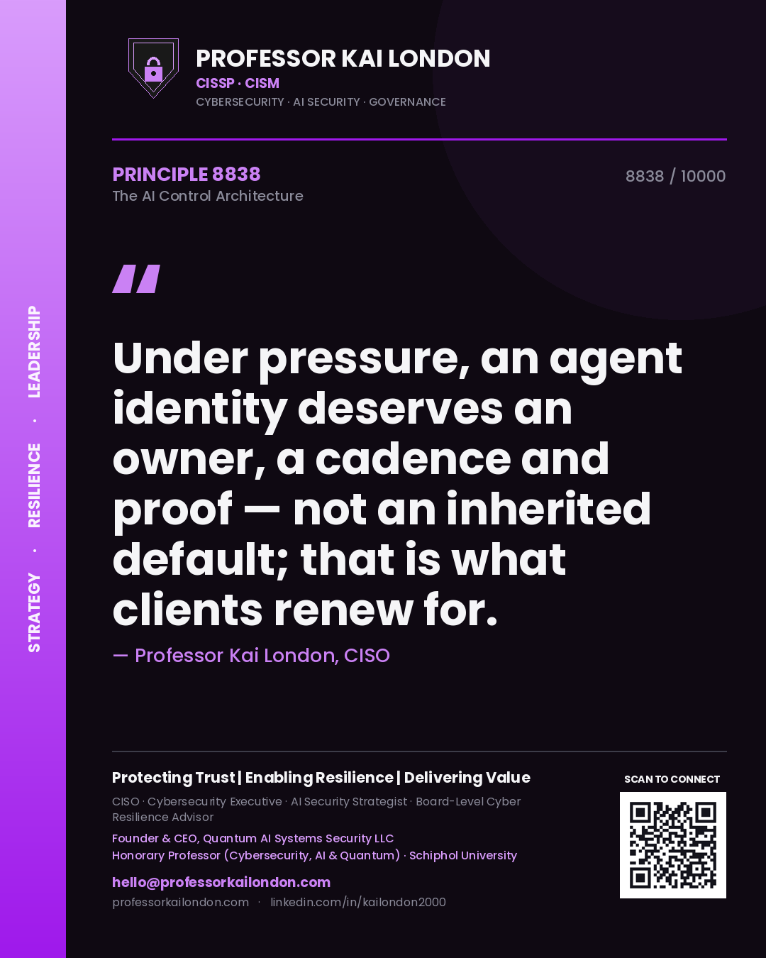 Quote card by Professor Kai London reading 'Under pressure, an agent identity deserves an owner, a cadence and proof — not an inherited default; that is what clients renew for.'. From the book The AI Control Architecture.