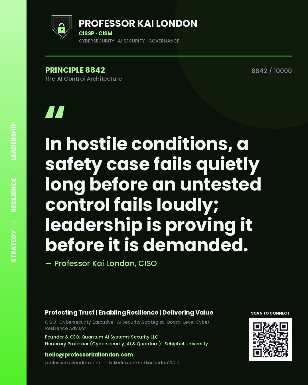 Quote card by Professor Kai London reading 'In hostile conditions, a safety case fails quietly long before an untested control fails loudly; leadership is proving it before it is demanded.'. From the book The AI Control Architecture.