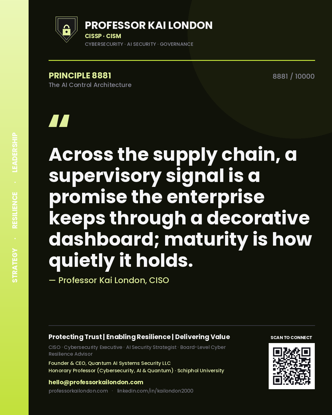 Quote card by Professor Kai London reading 'Across the supply chain, a supervisory signal is a promise the enterprise keeps through a decorative dashboard; maturity is how quietly it holds.'. From the book The AI Control Architecture.