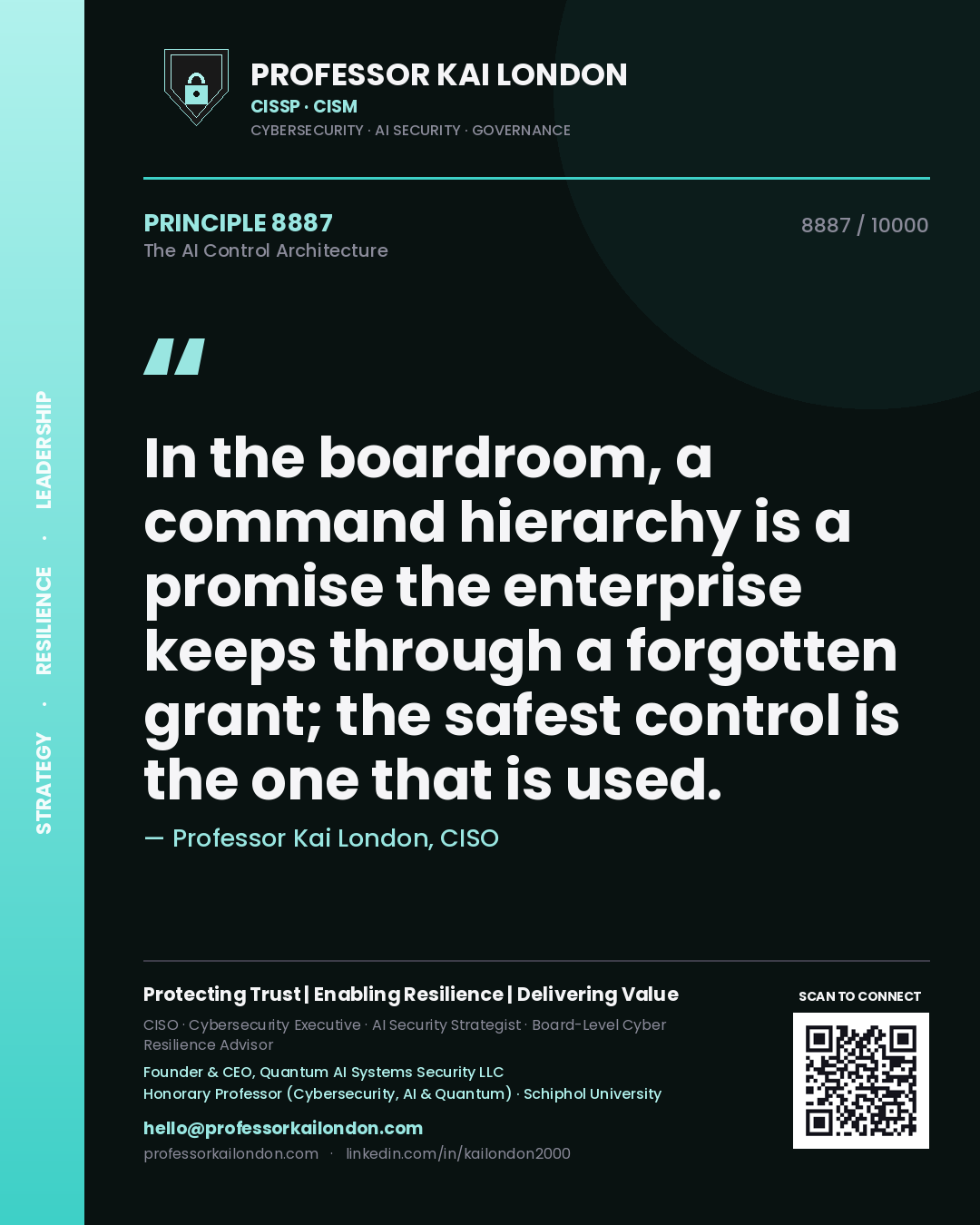 Quote card by Professor Kai London reading 'In the boardroom, a command hierarchy is a promise the enterprise keeps through a forgotten grant; the safest control is the one that is used.'. From the book The AI Control Architecture.