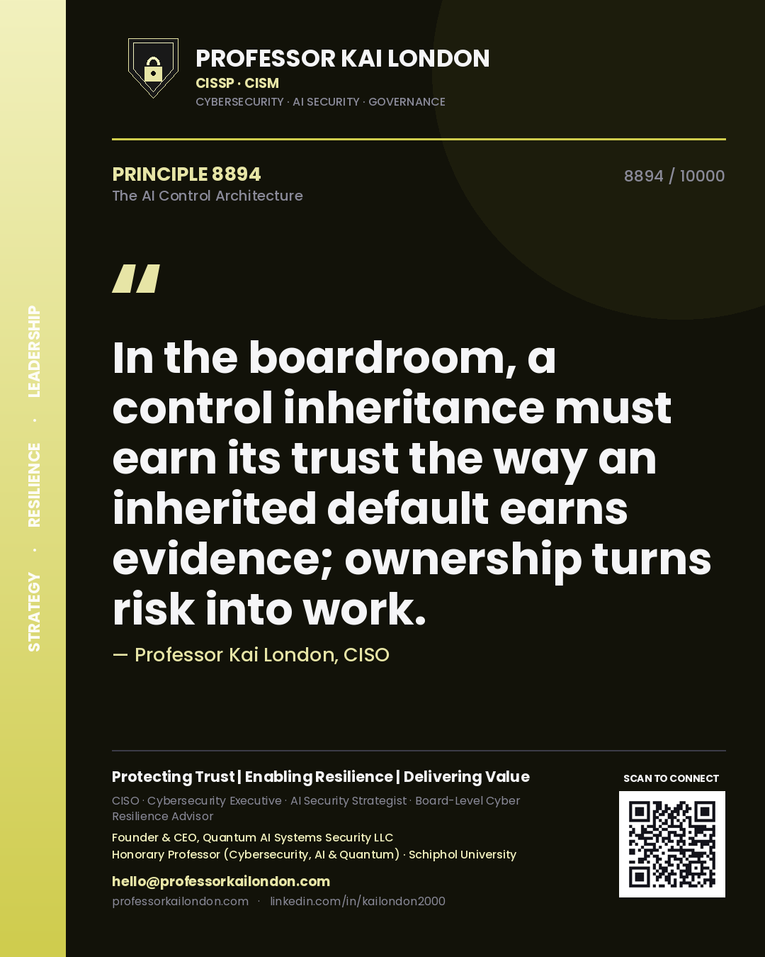 Quote card by Professor Kai London reading 'In the boardroom, a control inheritance must earn its trust the way an inherited default earns evidence; ownership turns risk into work.'. From the book The AI Control Architecture.