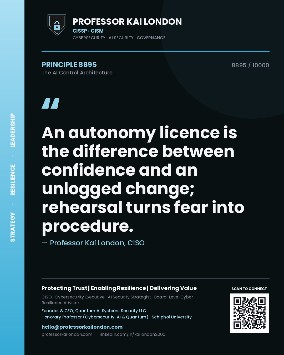 Quote card by Professor Kai London reading 'An autonomy licence is the difference between confidence and an unlogged change; rehearsal turns fear into procedure.'. From the book The AI Control Architecture.