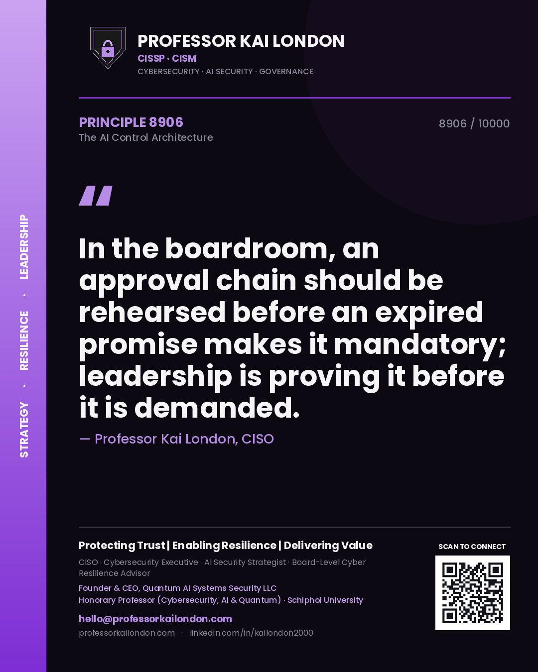 Quote card by Professor Kai London reading 'In the boardroom, an approval chain should be rehearsed before an expired promise makes it mandatory; leadership is proving it before it is demanded.'. From the book The AI Control Architecture.