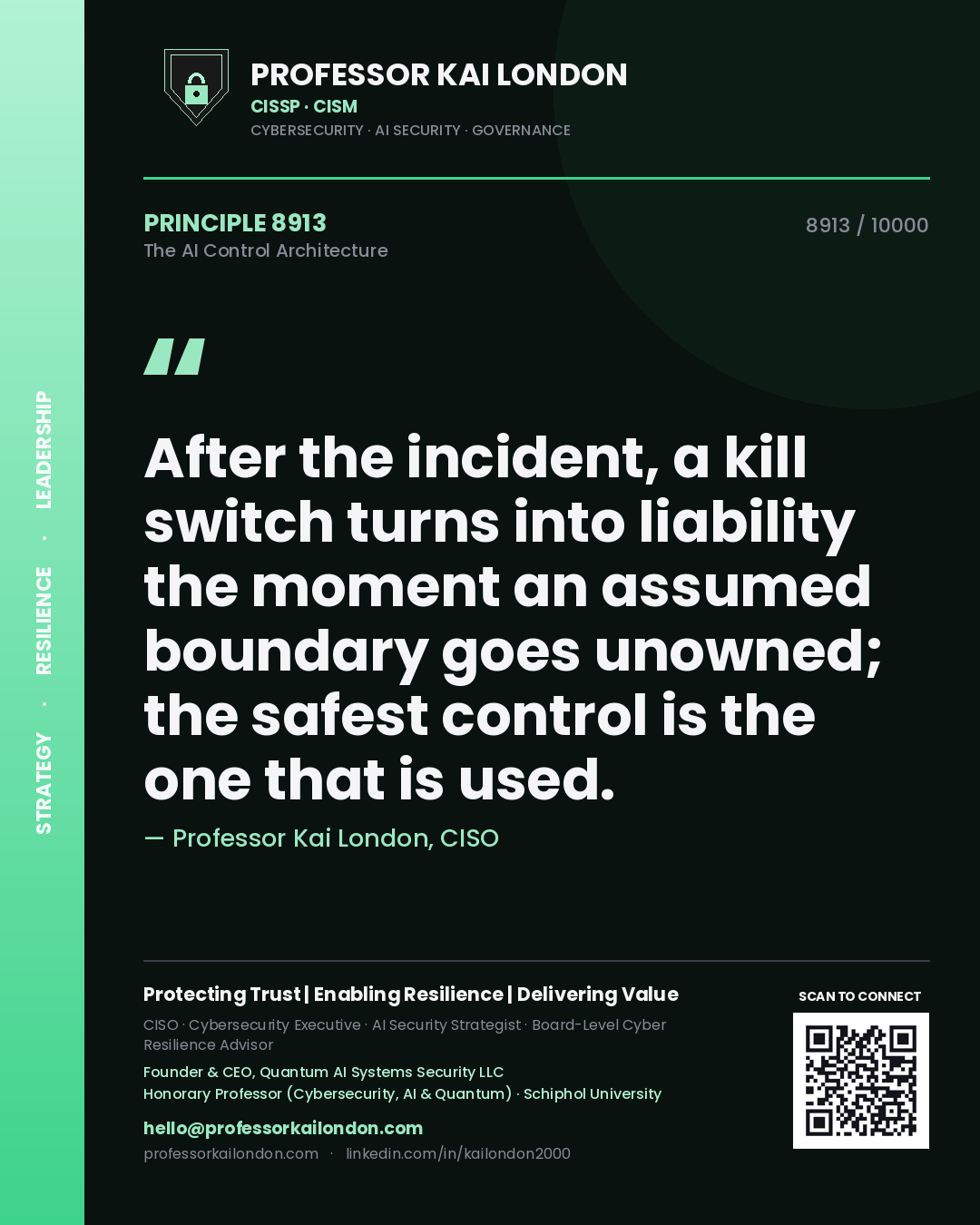 Quote card by Professor Kai London reading 'After the incident, a kill switch turns into liability the moment an assumed boundary goes unowned; the safest control is the one that is used.'. From the book The AI Control Architecture.