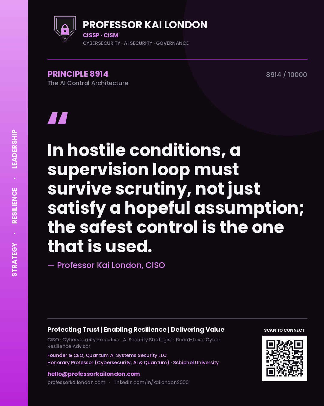 Quote card by Professor Kai London reading 'In hostile conditions, a supervision loop must survive scrutiny, not just satisfy a hopeful assumption; the safest control is the one that is used.'. From the book The AI Control Architecture.