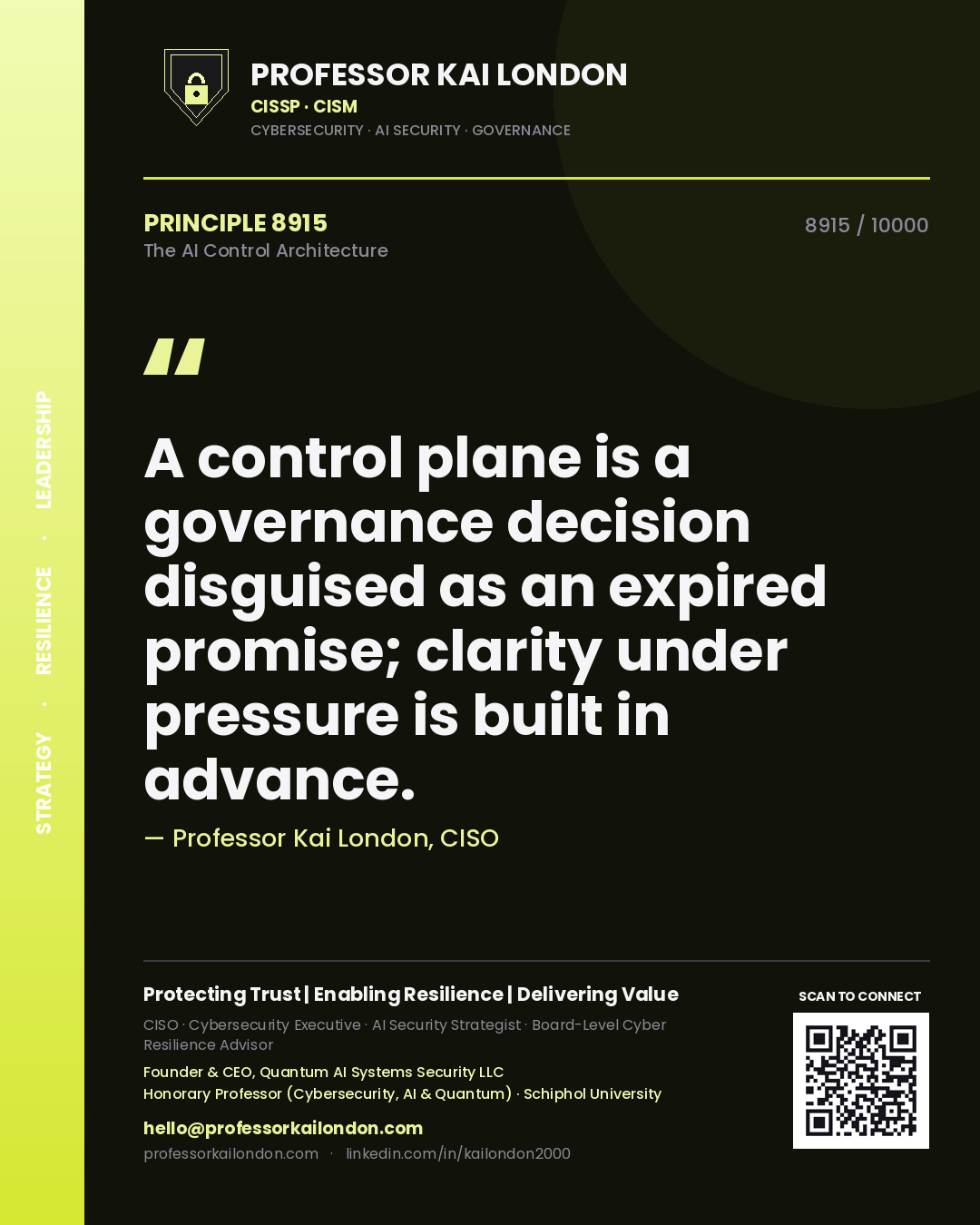 Quote card by Professor Kai London reading 'A control plane is a governance decision disguised as an expired promise; clarity under pressure is built in advance.'. From the book The AI Control Architecture.