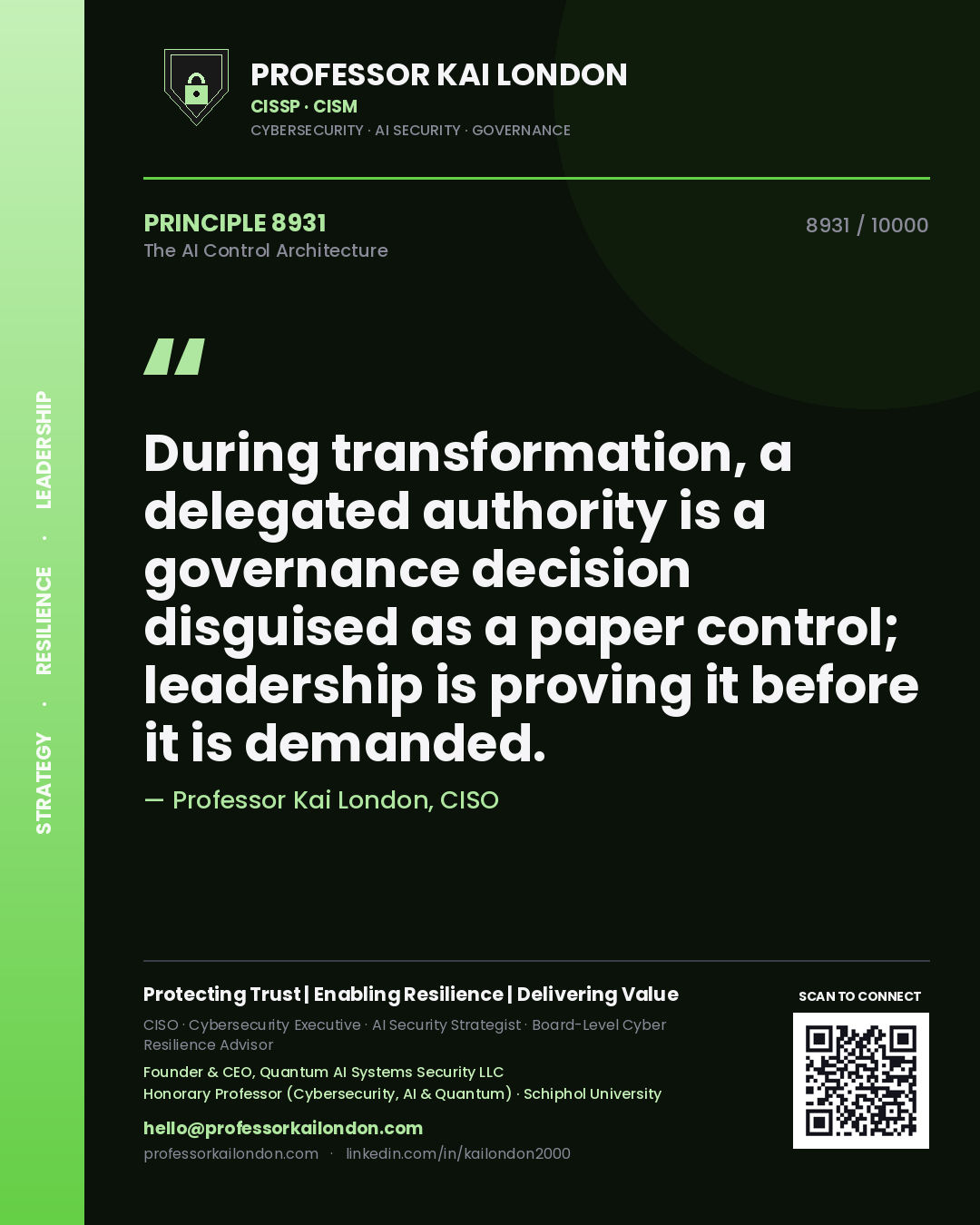 Quote card by Professor Kai London reading 'During transformation, a delegated authority is a governance decision disguised as a paper control; leadership is proving it before it is demanded.'. From the book The AI Control Architecture.