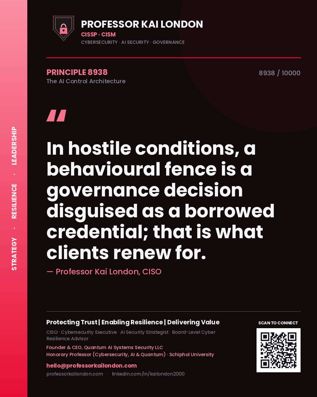 Quote card by Professor Kai London reading 'In hostile conditions, a behavioural fence is a governance decision disguised as a borrowed credential; that is what clients renew for.'. From the book The AI Control Architecture.