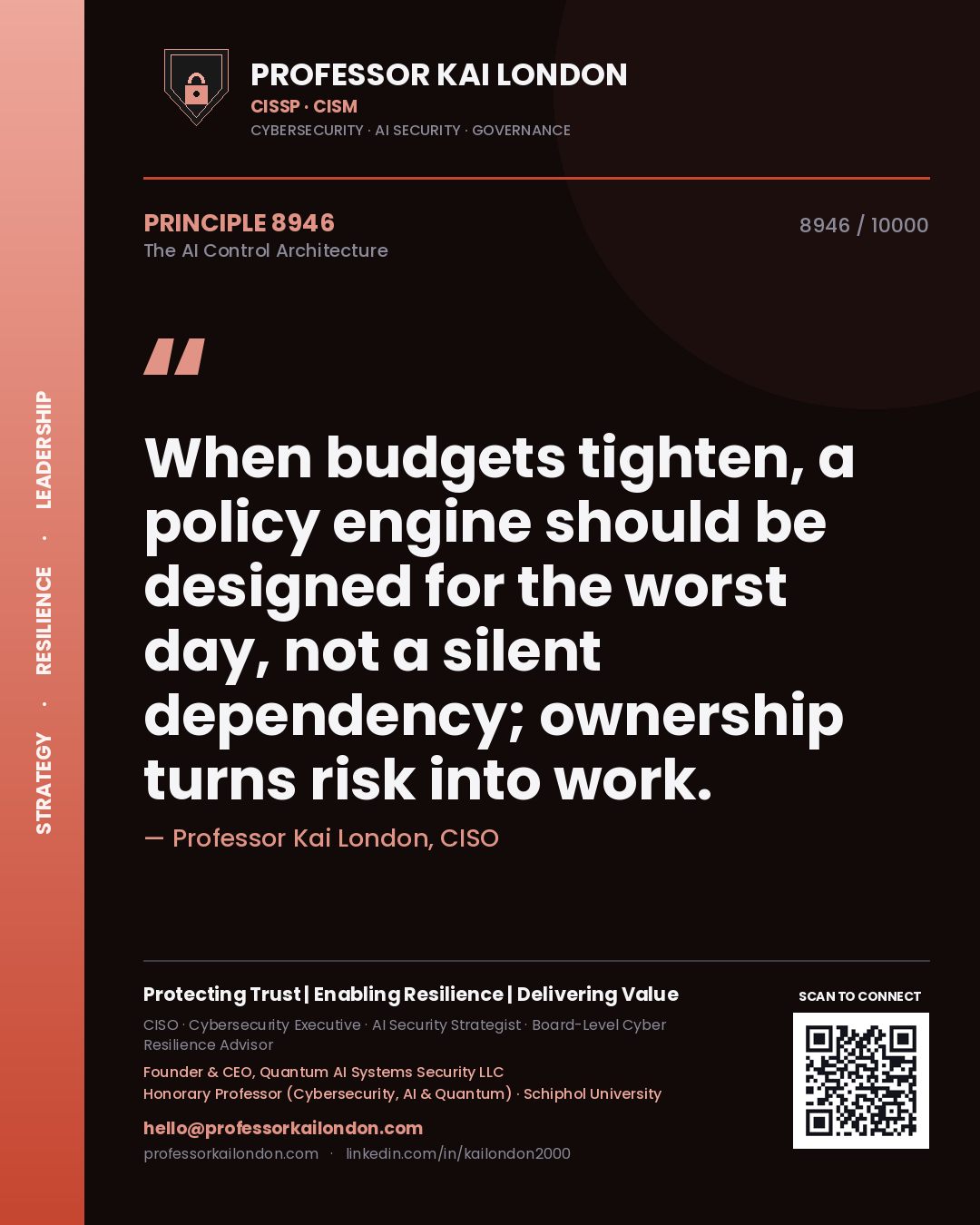 Quote card by Professor Kai London reading 'When budgets tighten, a policy engine should be designed for the worst day, not a silent dependency; ownership turns risk into work.'. From the book The AI Control Architecture.