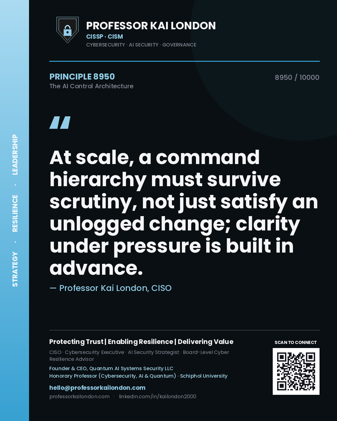 Quote card by Professor Kai London reading 'At scale, a command hierarchy must survive scrutiny, not just satisfy an unlogged change; clarity under pressure is built in advance.'. From the book The AI Control Architecture.