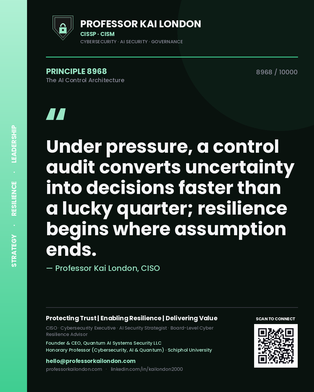 Quote card by Professor Kai London reading 'Under pressure, a control audit converts uncertainty into decisions faster than a lucky quarter; resilience begins where assumption ends.'. From the book The AI Control Architecture.