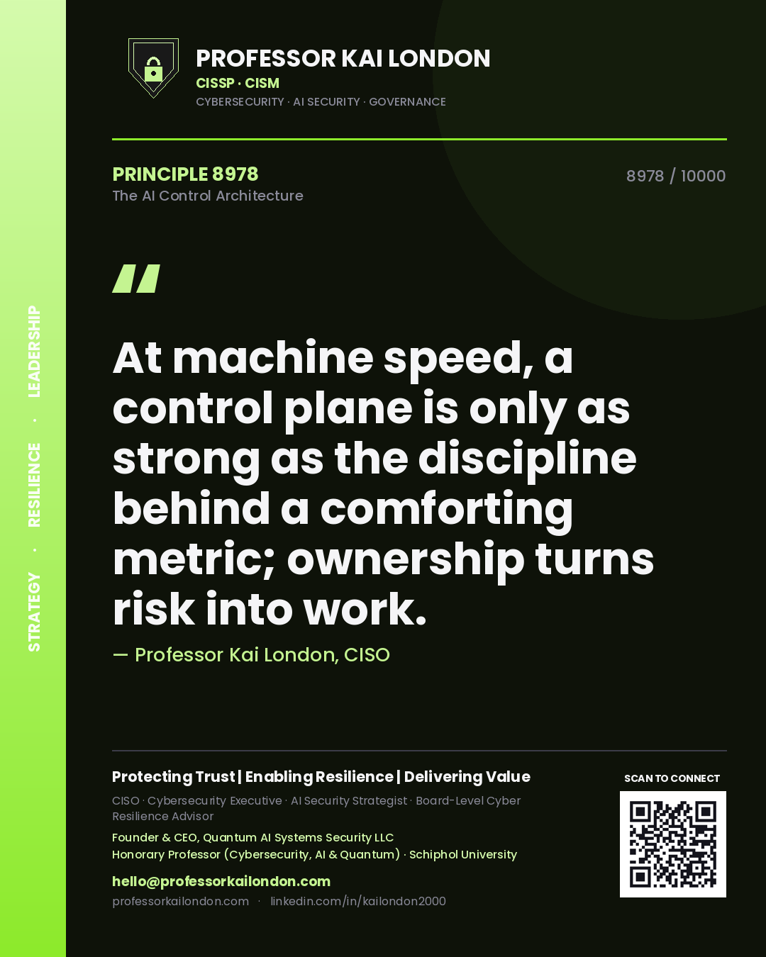 Quote card by Professor Kai London reading 'At machine speed, a control plane is only as strong as the discipline behind a comforting metric; ownership turns risk into work.'. From the book The AI Control Architecture.