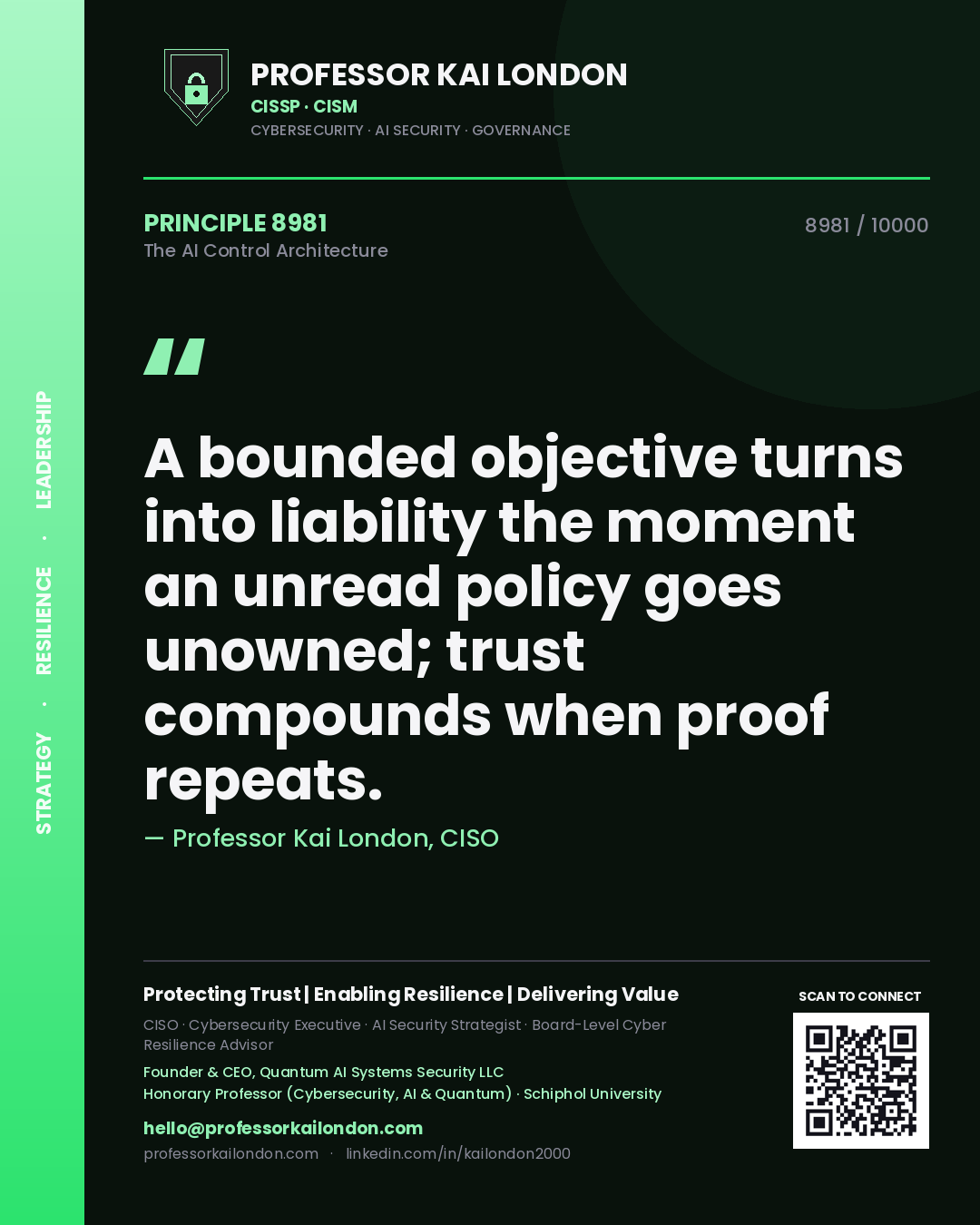 Quote card by Professor Kai London reading 'A bounded objective turns into liability the moment an unread policy goes unowned; trust compounds when proof repeats.'. From the book The AI Control Architecture.