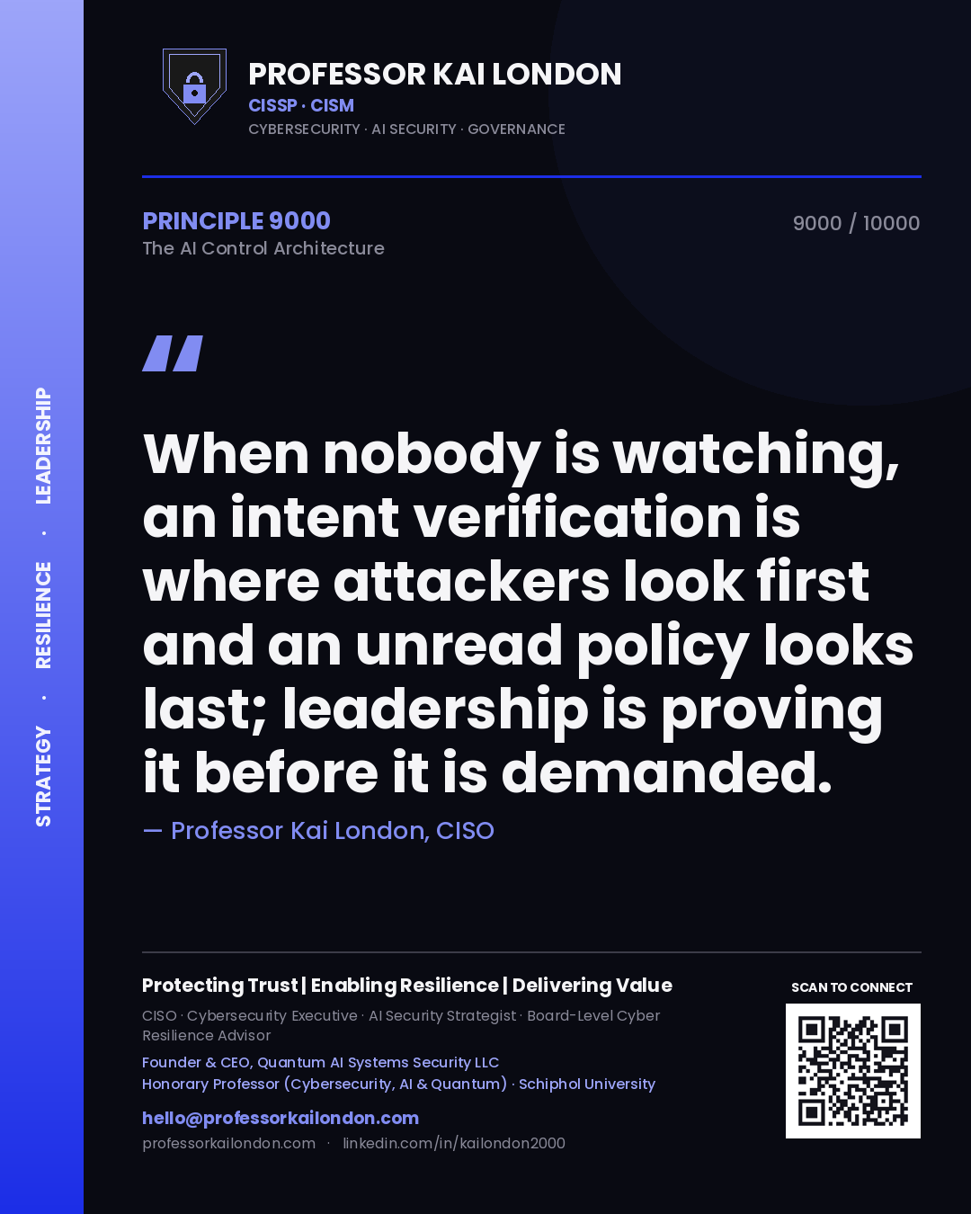 Quote card by Professor Kai London reading 'When nobody is watching, an intent verification is where attackers look first and an unread policy looks last; leadership is proving it before it is demanded.'. From the book The AI Control Architecture.