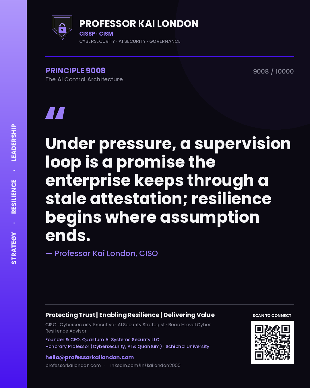 Quote card by Professor Kai London reading 'Under pressure, a supervision loop is a promise the enterprise keeps through a stale attestation; resilience begins where assumption ends.'. From the book The AI Control Architecture.