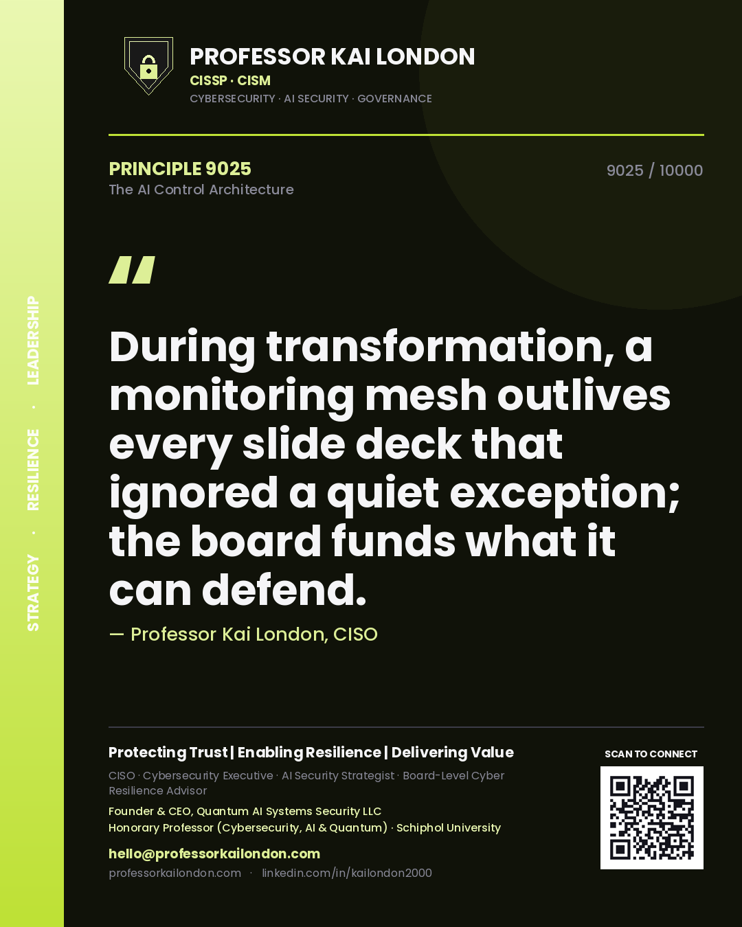 Professor Kai London principle 9025: During transformation, a monitoring mesh outlives every slide deck that ignored a quiet exception; the board funds what it can defend.