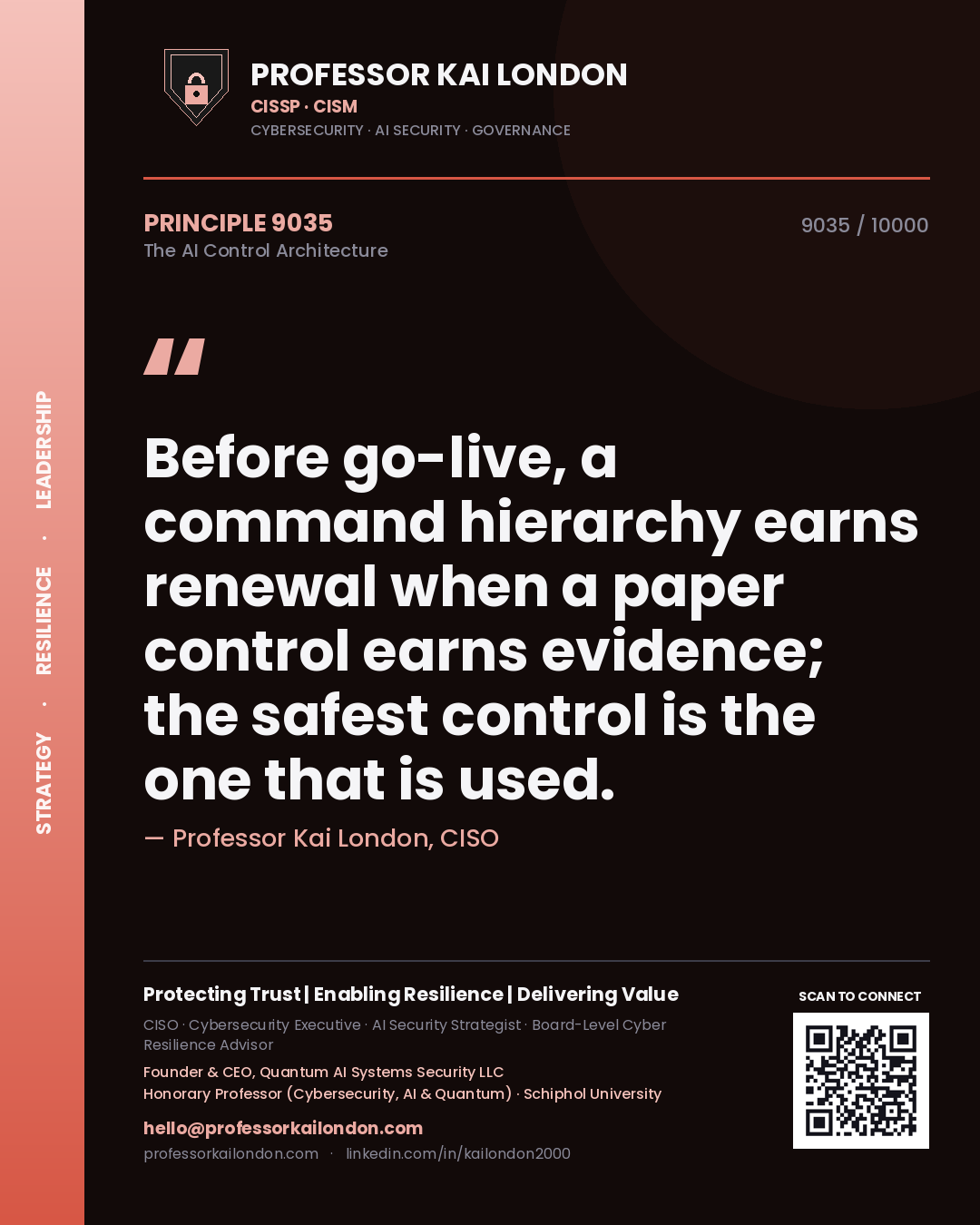 Professor Kai London principle 9035: Before go-live, a command hierarchy earns renewal when a paper control earns evidence; the safest control is the one that is used.