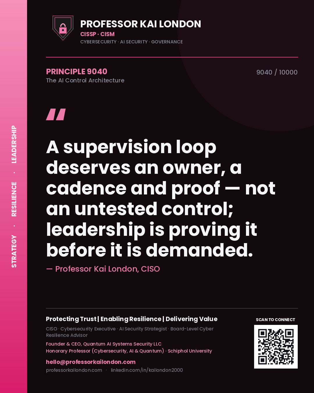 Professor Kai London principle 9040: A supervision loop deserves an owner, a cadence and proof — not an untested control; leadership is proving it before it is demanded.