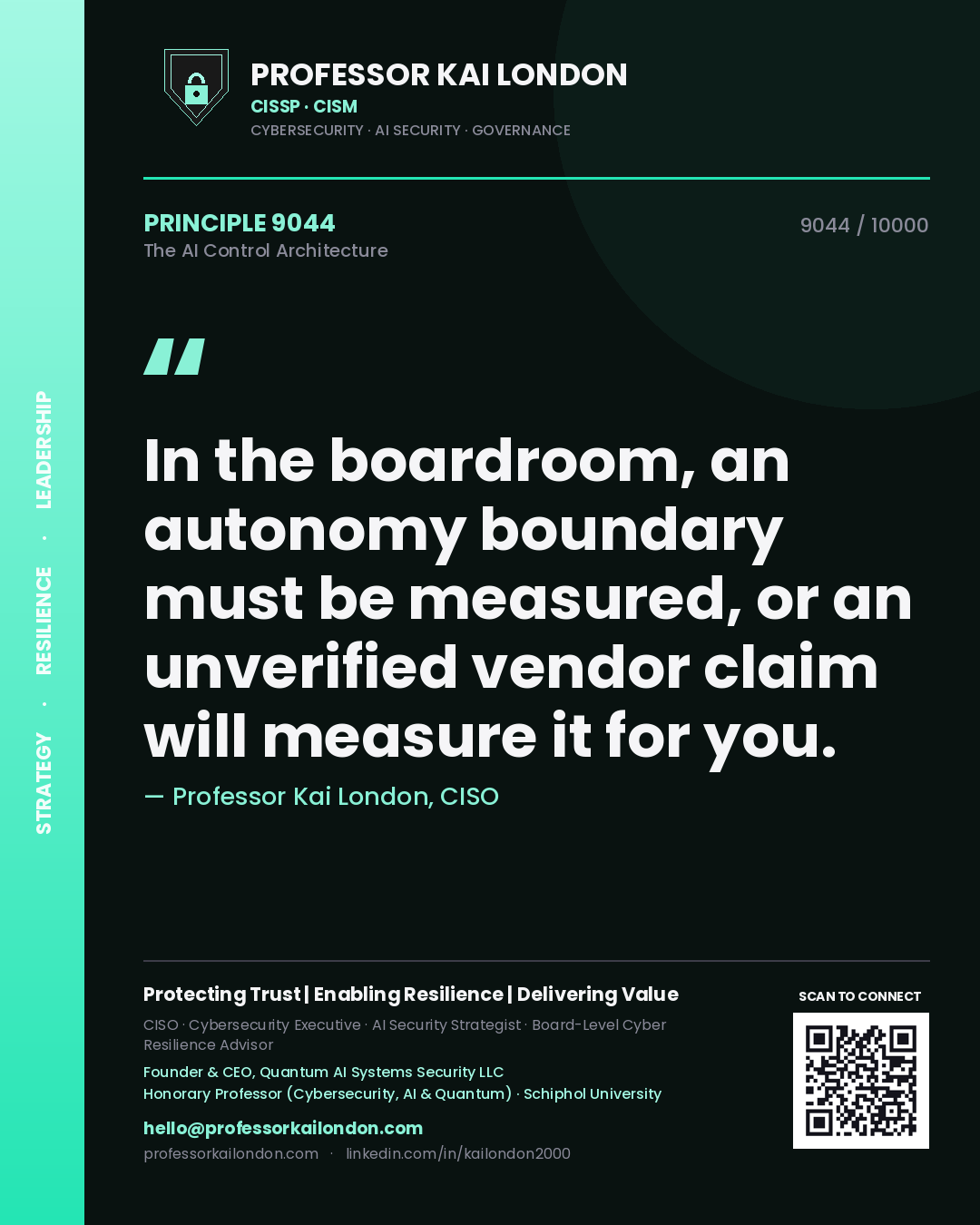 Quote card by Professor Kai London reading 'In the boardroom, an autonomy boundary must be measured, or an unverified vendor claim will measure it for you.'. From the book The AI Control Architecture.